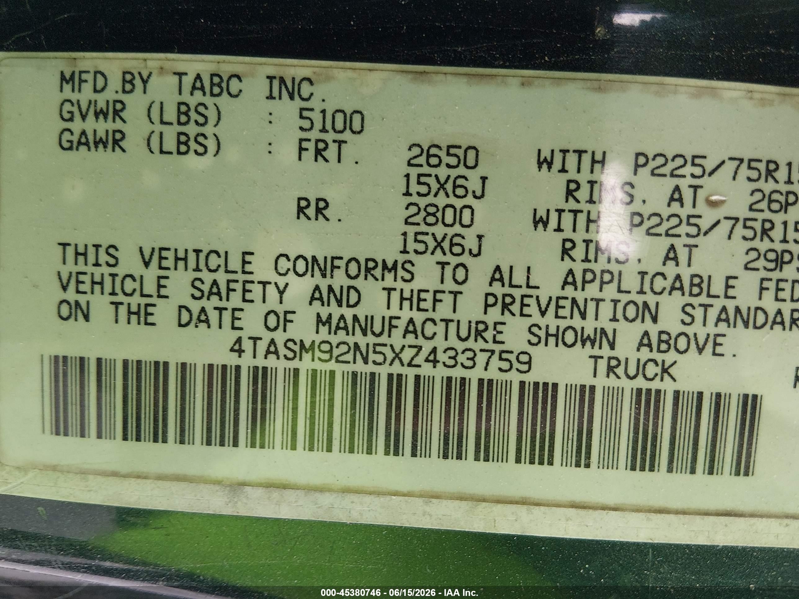 1999 Toyota Tacoma Prerunner Green vin: 4TASM92N5XZ433759