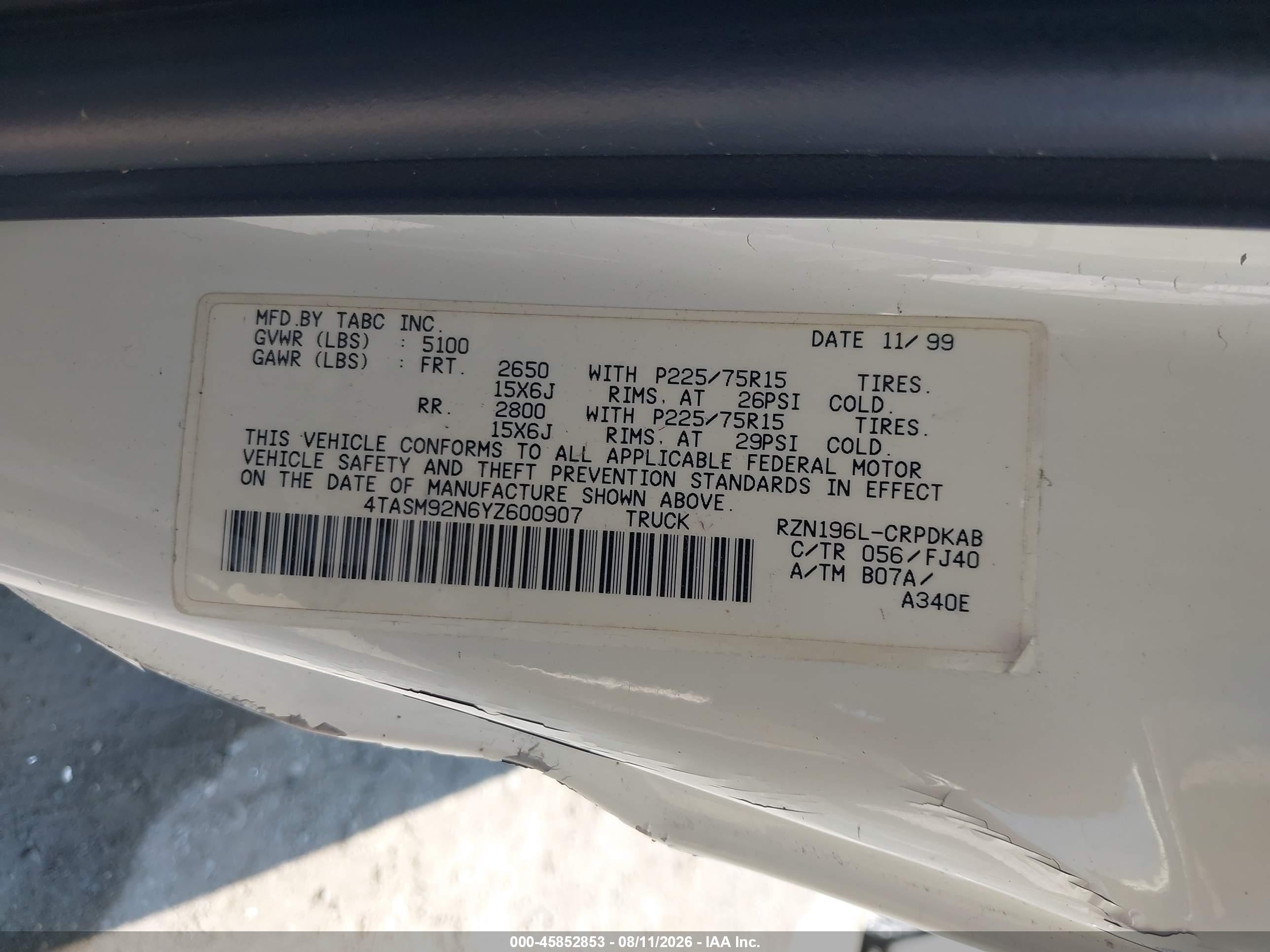 2000 Toyota Tacoma Prerunner White vin: 4TASM92N6YZ600907
