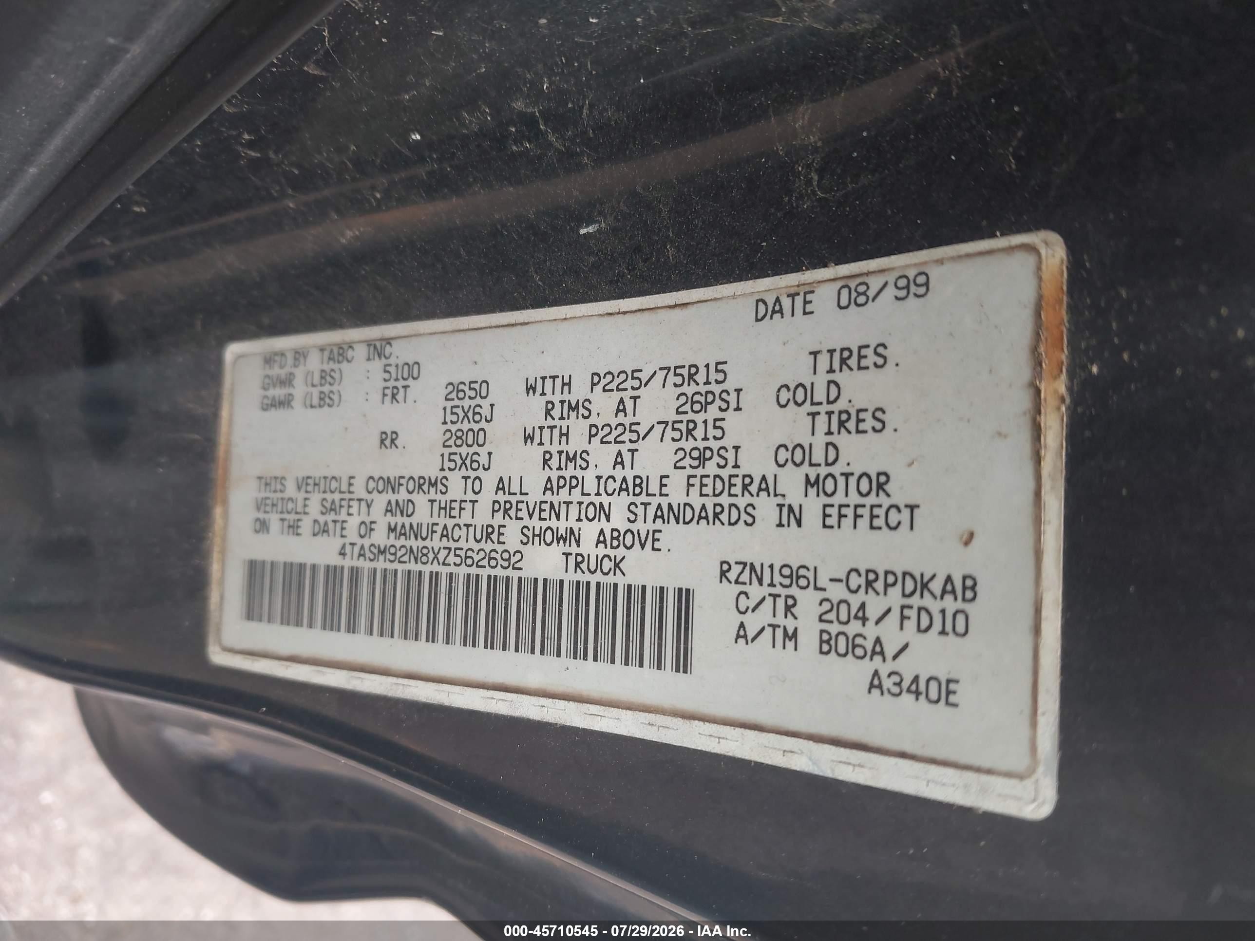1999 Toyota Tacoma Prerunner Black vin: 4TASM92N8XZ562692