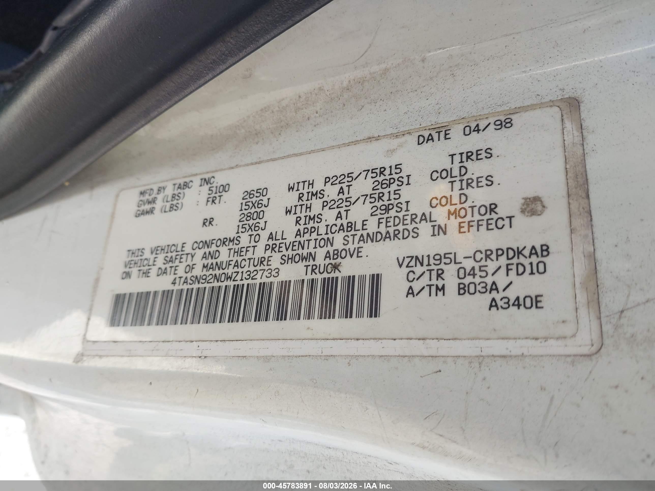 1998 Toyota Tacoma Prerunner V6 White vin: 4TASN92N0WZ132733