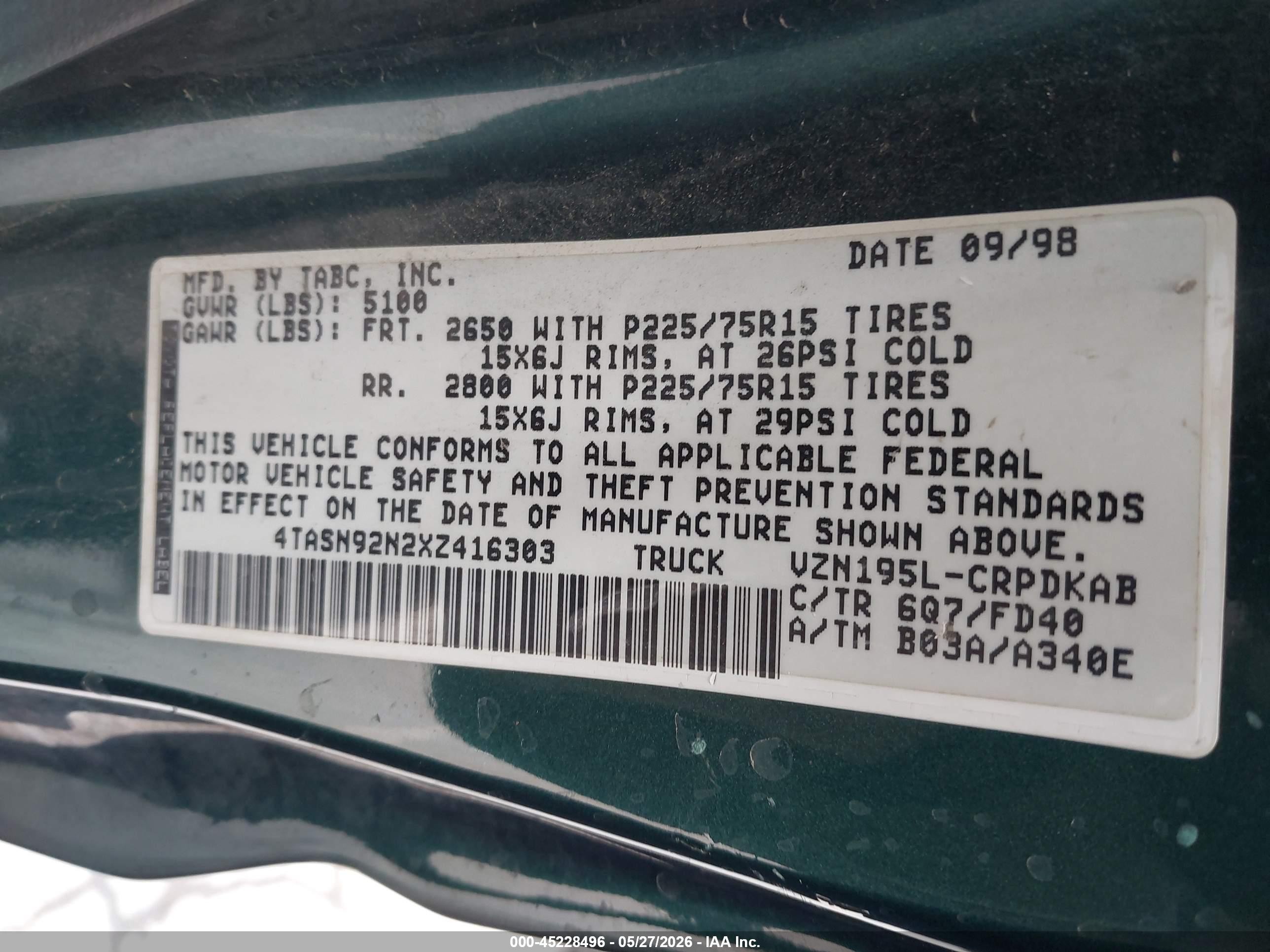 1999 Toyota Tacoma Prerunner V6 Green vin: 4TASN92N2XZ416303