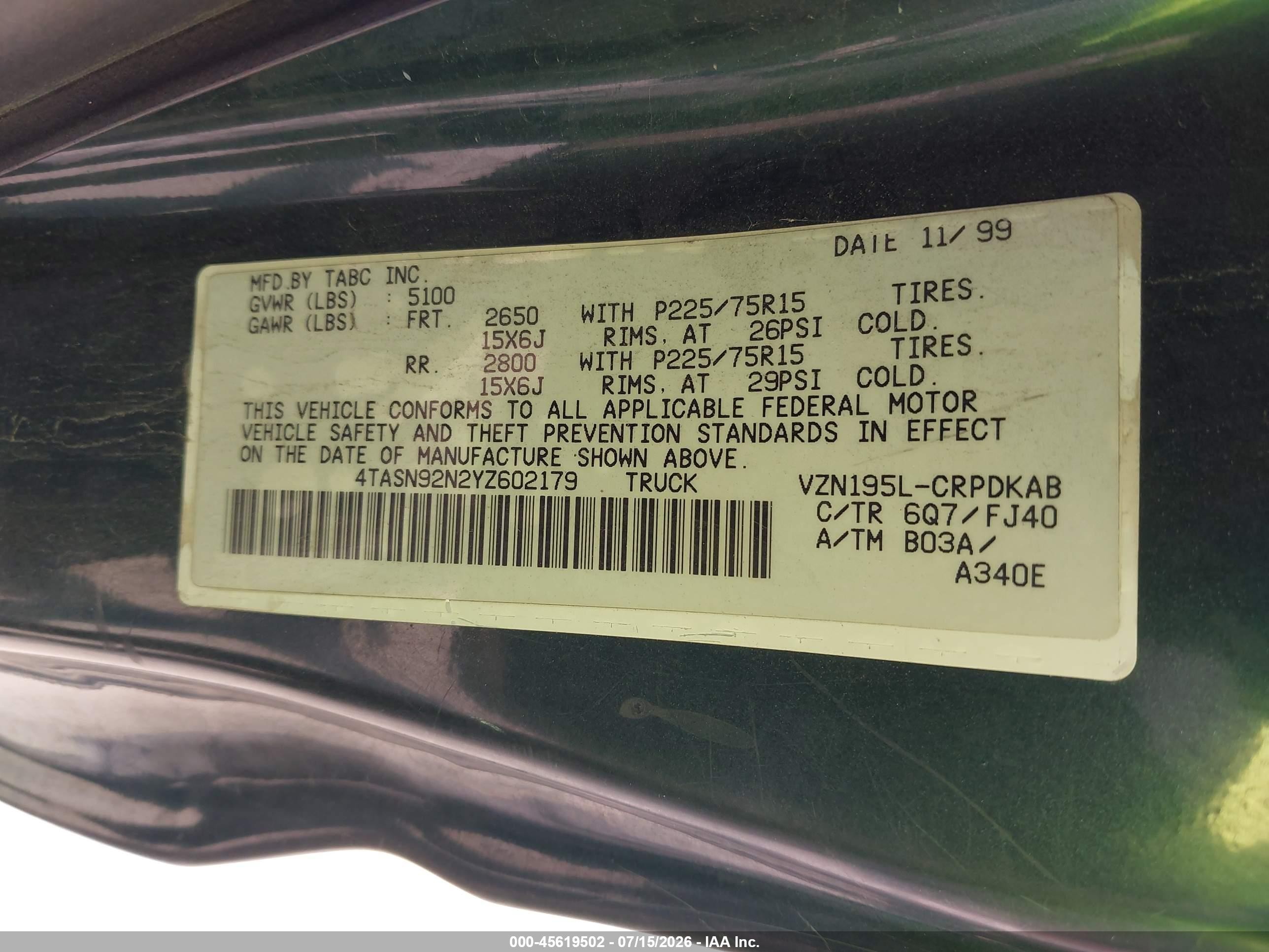 2000 Toyota Tacoma Prerunner V6 Green vin: 4TASN92N2YZ602179