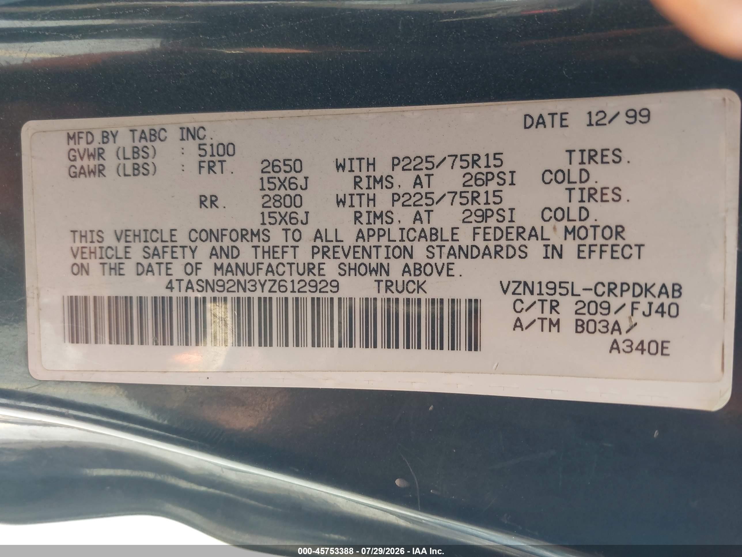 2000 Toyota Tacoma Prerunner V6 Black vin: 4TASN92N3YZ612929
