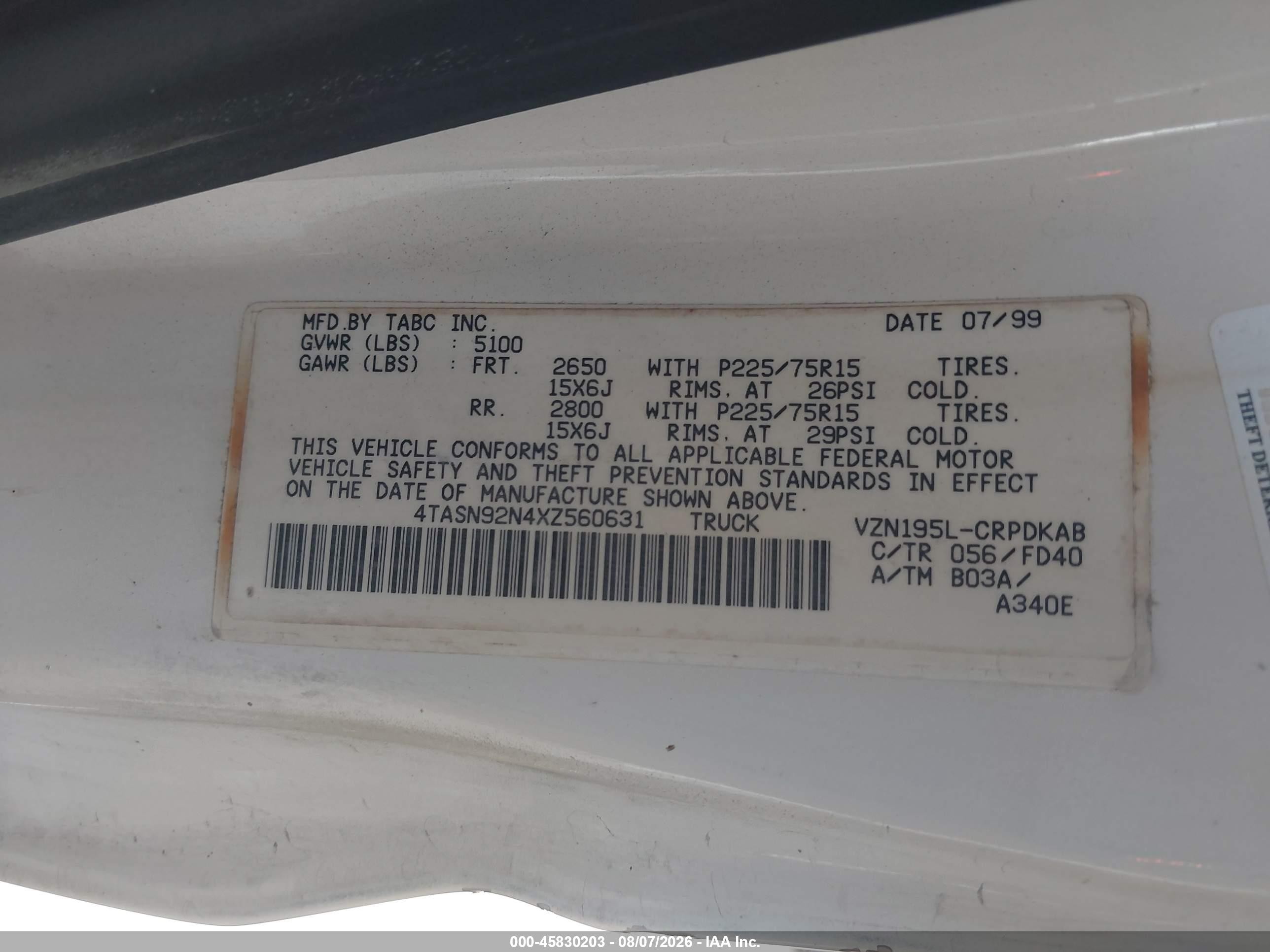 1999 Toyota Tacoma Prerunner V6 White vin: 4TASN92N4XZ560631