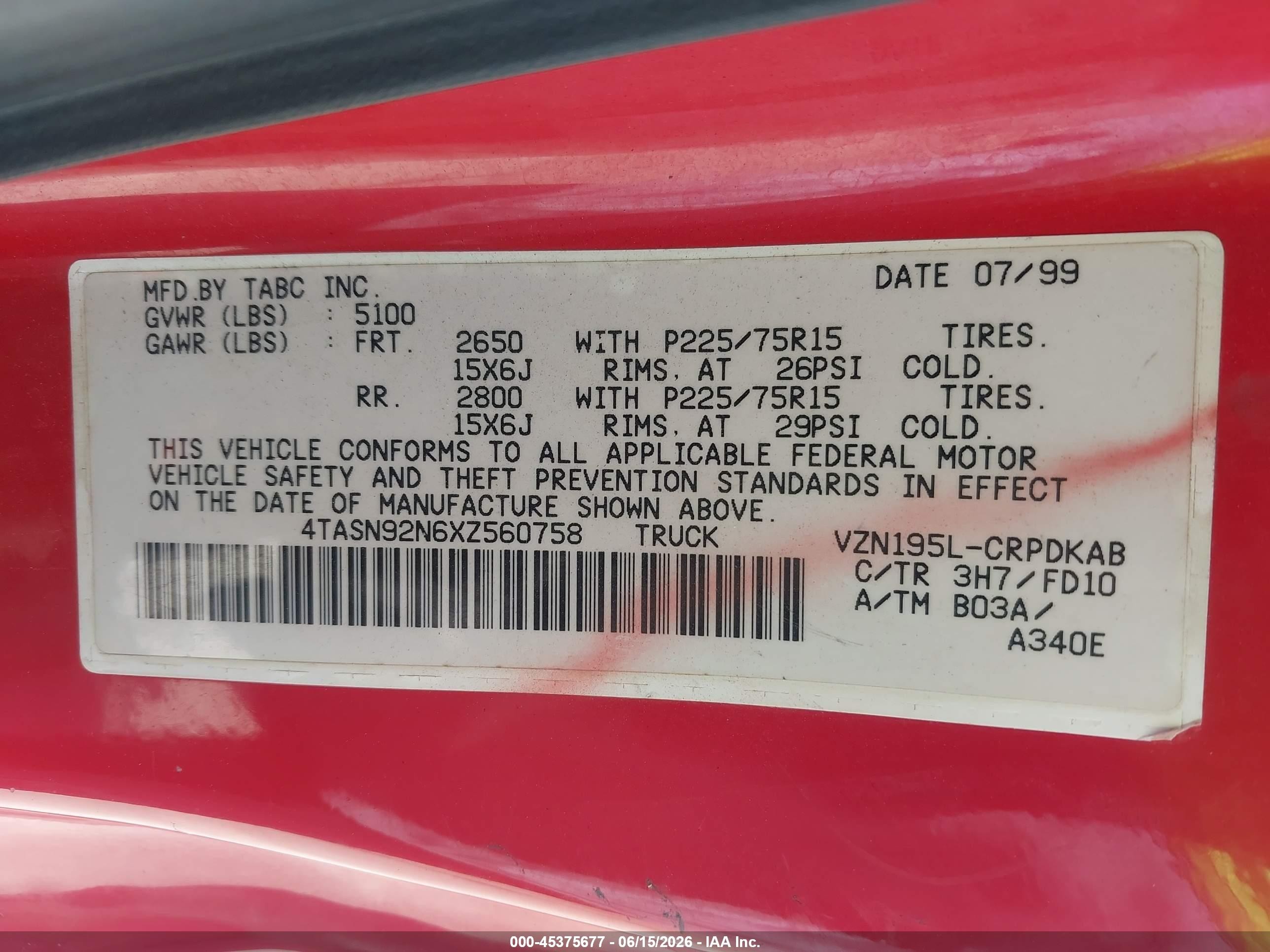 1999 Toyota Tacoma Prerunner V6 Red vin: 4TASN92N6XZ560758