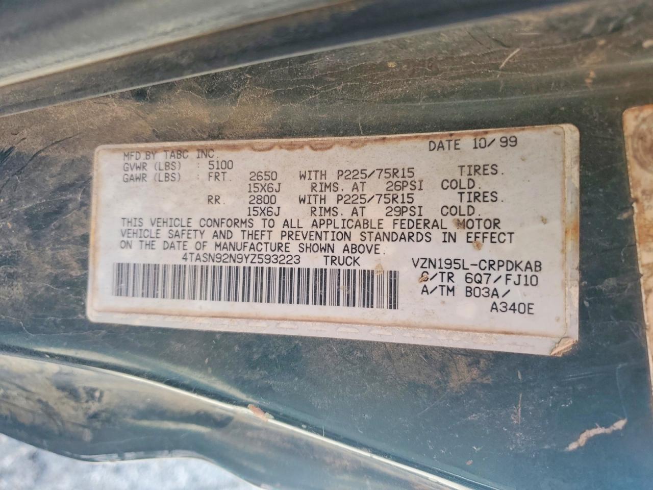 2000 Toyota Tacoma Xtracab Prerunner Green vin: 4TASN92N9YZ593223