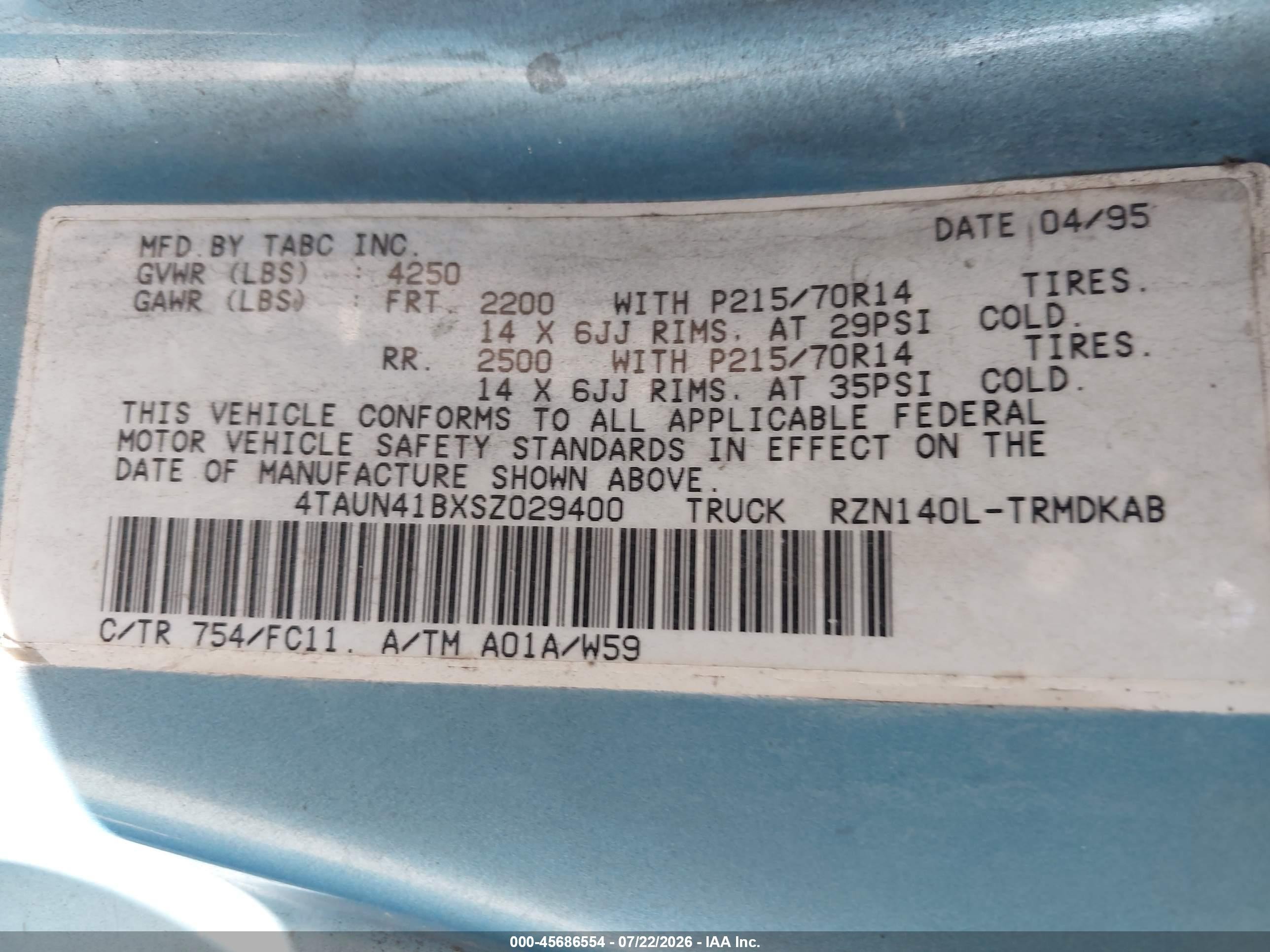 1995 Toyota Tacoma   Blue vin: 4TAUN41BXSZ029400