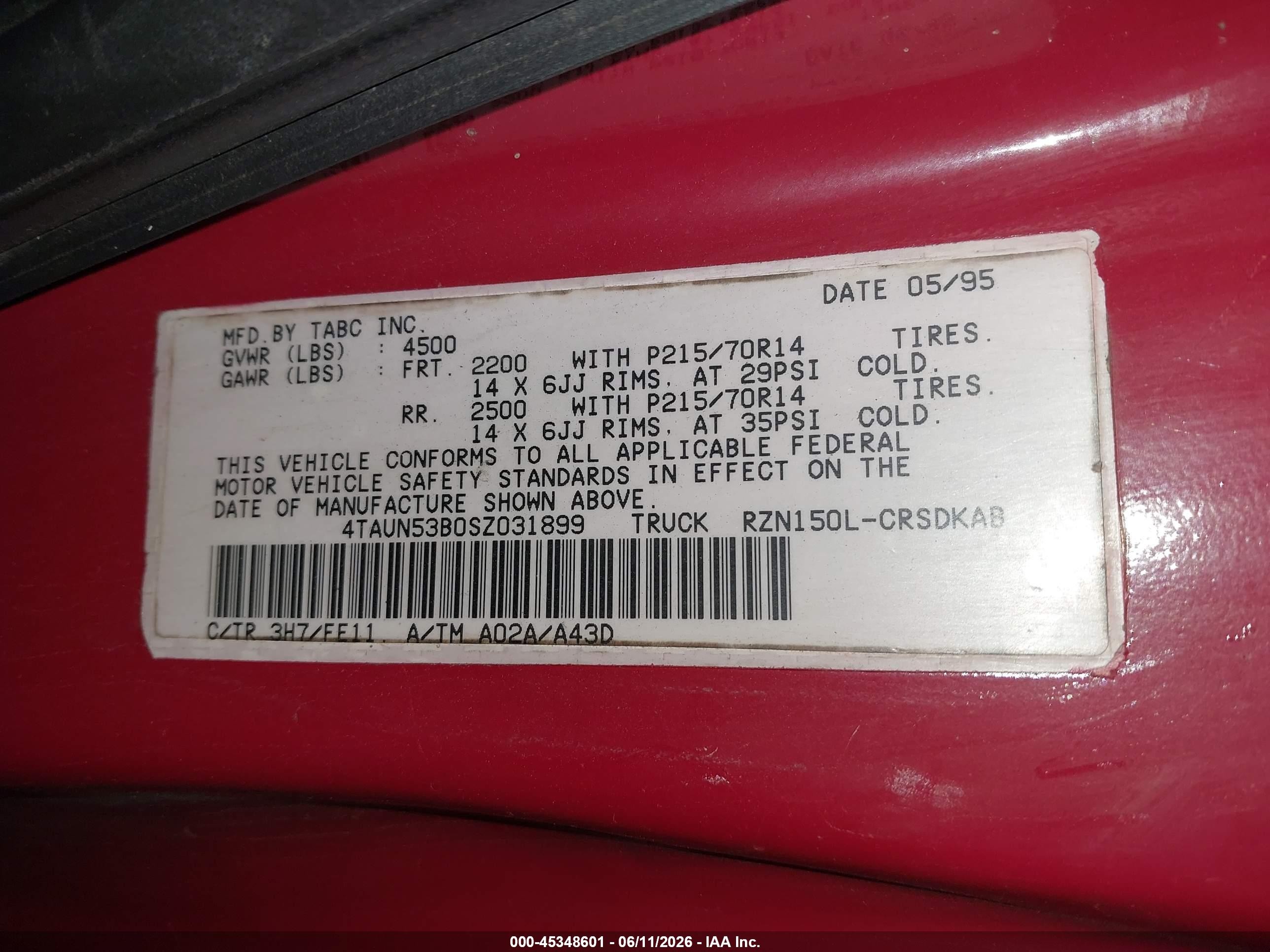 1995 Toyota Tacoma Xtracab Red vin: 4TAUN53B0SZ031899