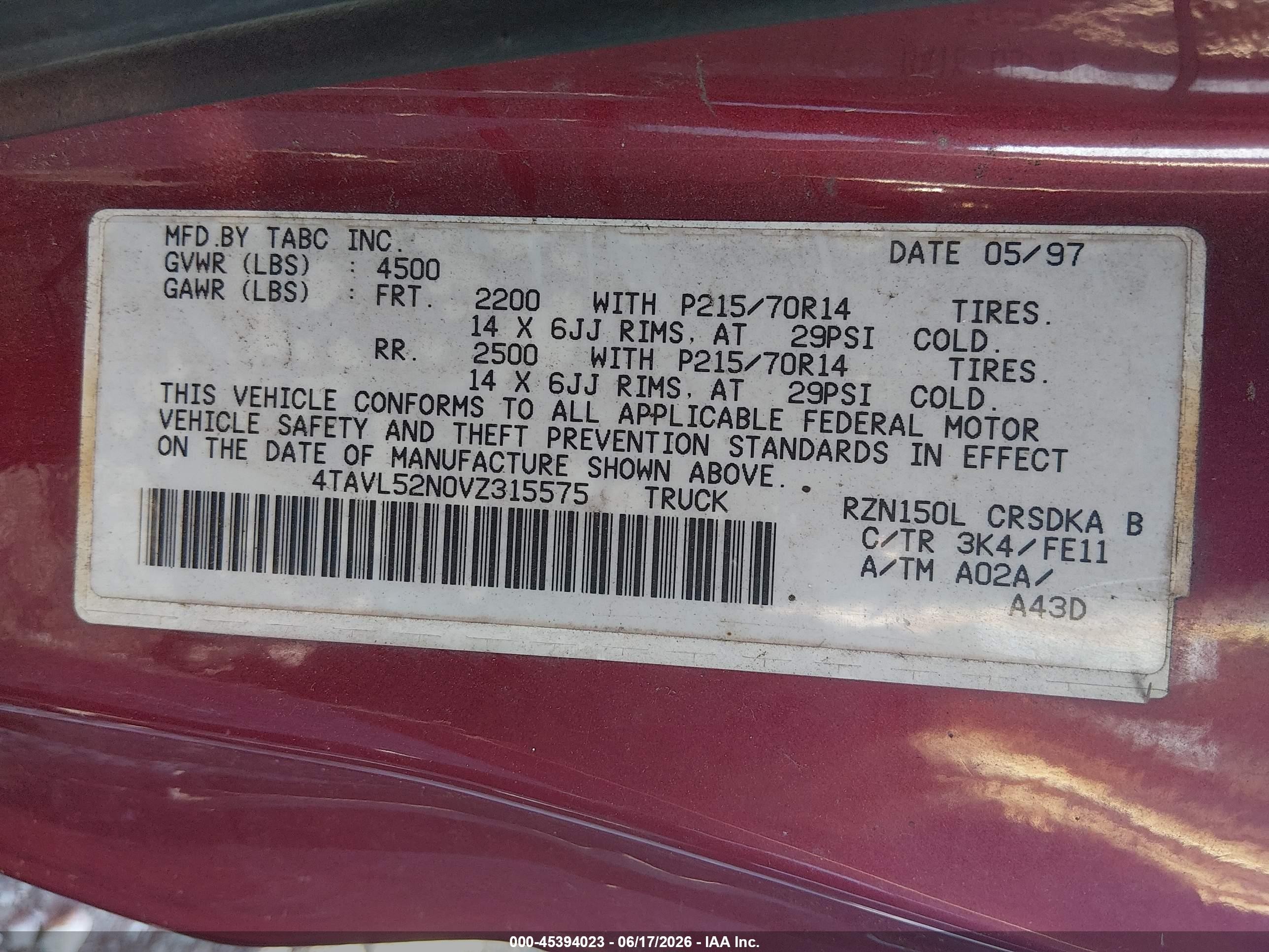 1997 Toyota Tacoma   Red vin: 4TAVL52N0VZ315575