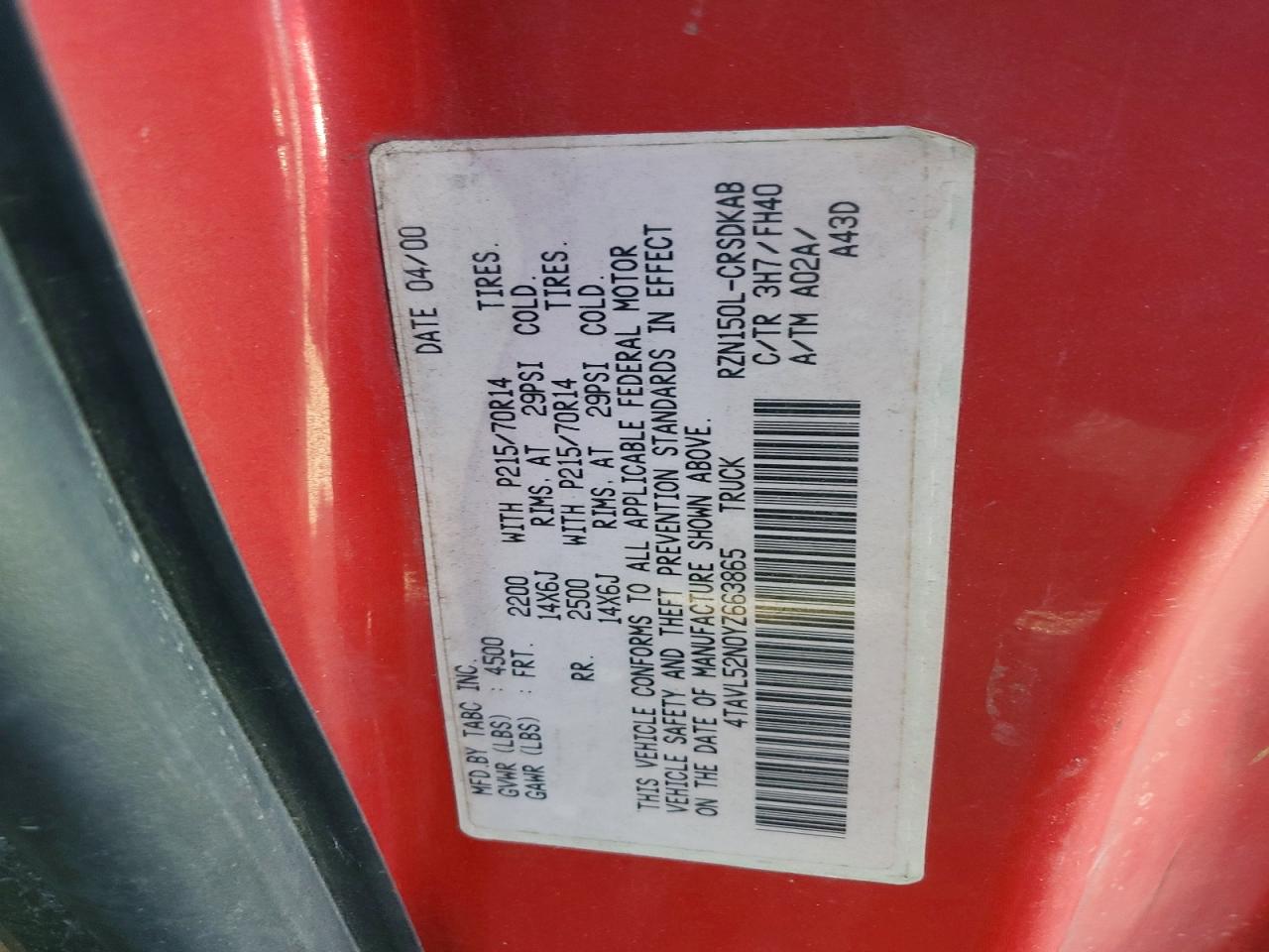 2000 Toyota Tacoma Xtracab Red vin: 4TAVL52N0YZ663865
