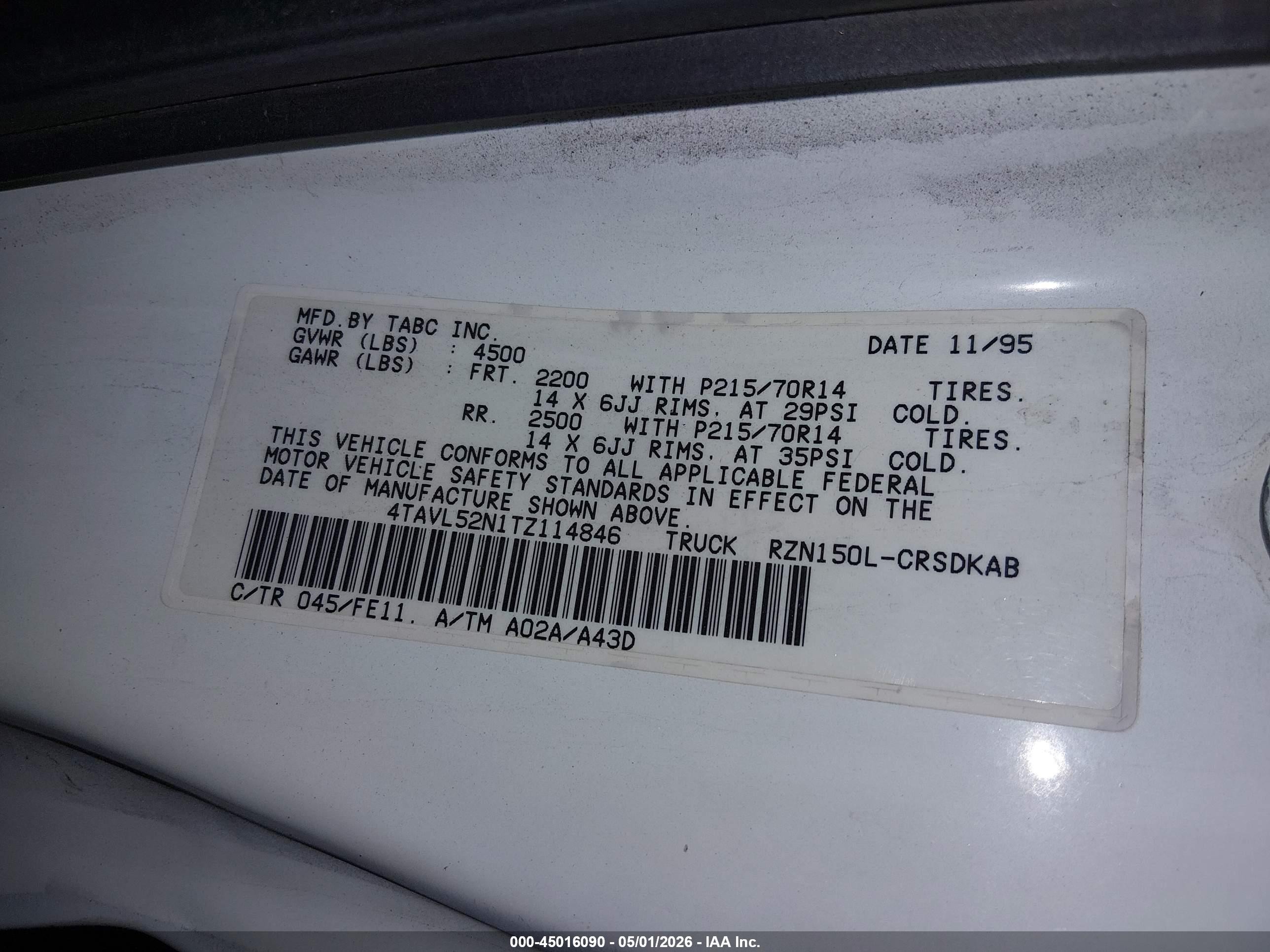1996 Toyota Tacoma Xtracab White vin: 4TAVL52N1TZ114846