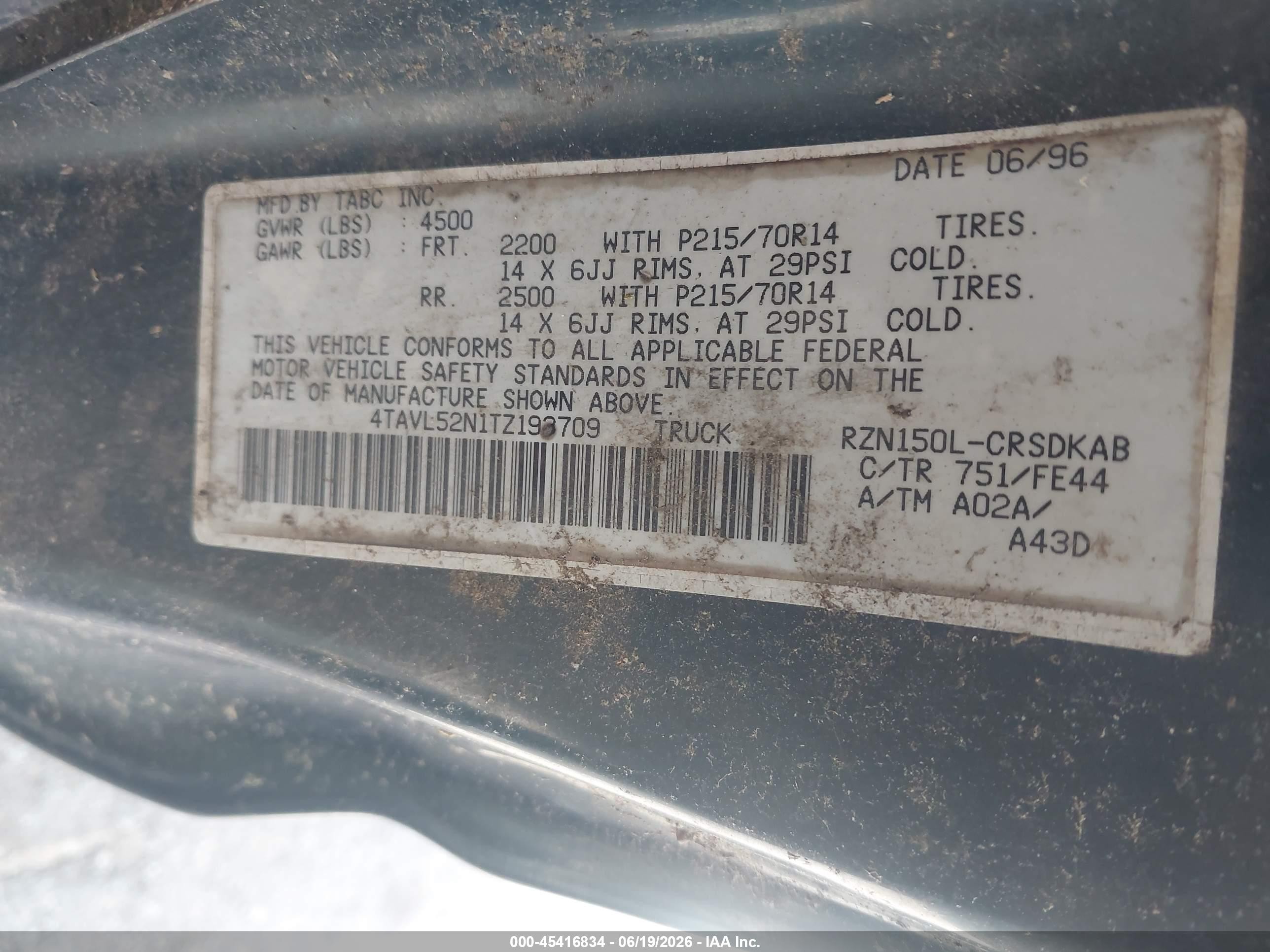 1996 Toyota Tacoma Xtracab Green vin: 4TAVL52N1TZ193709