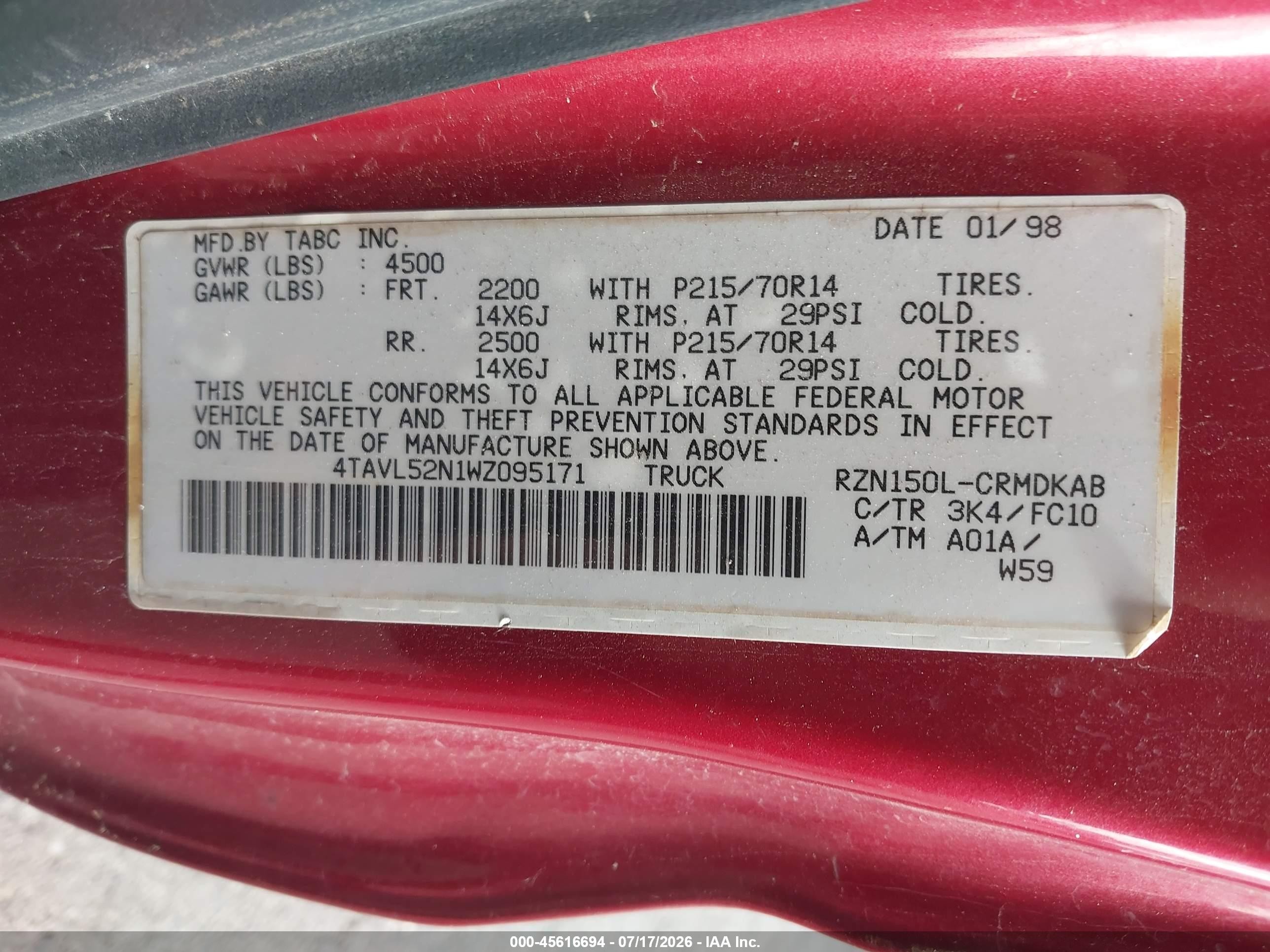 1998 Toyota Tacoma   Red vin: 4TAVL52N1WZ095171