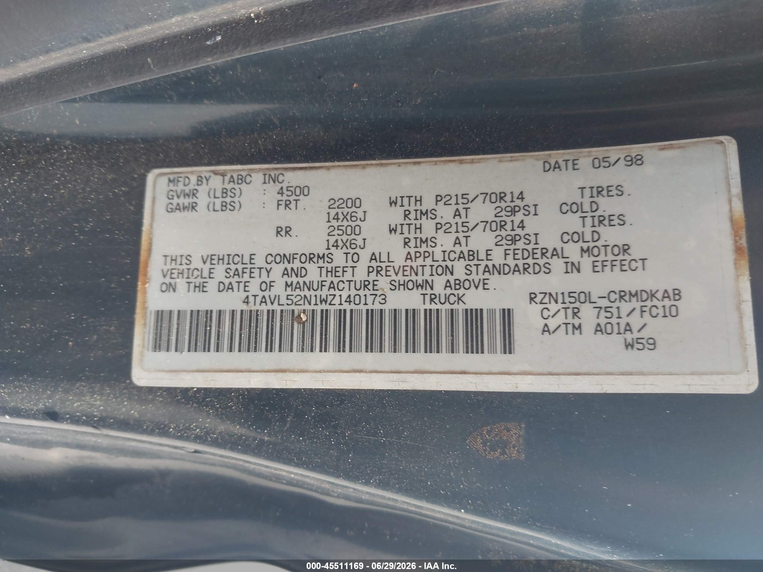 1998 Toyota Tacoma   Green vin: 4TAVL52N1WZ140173