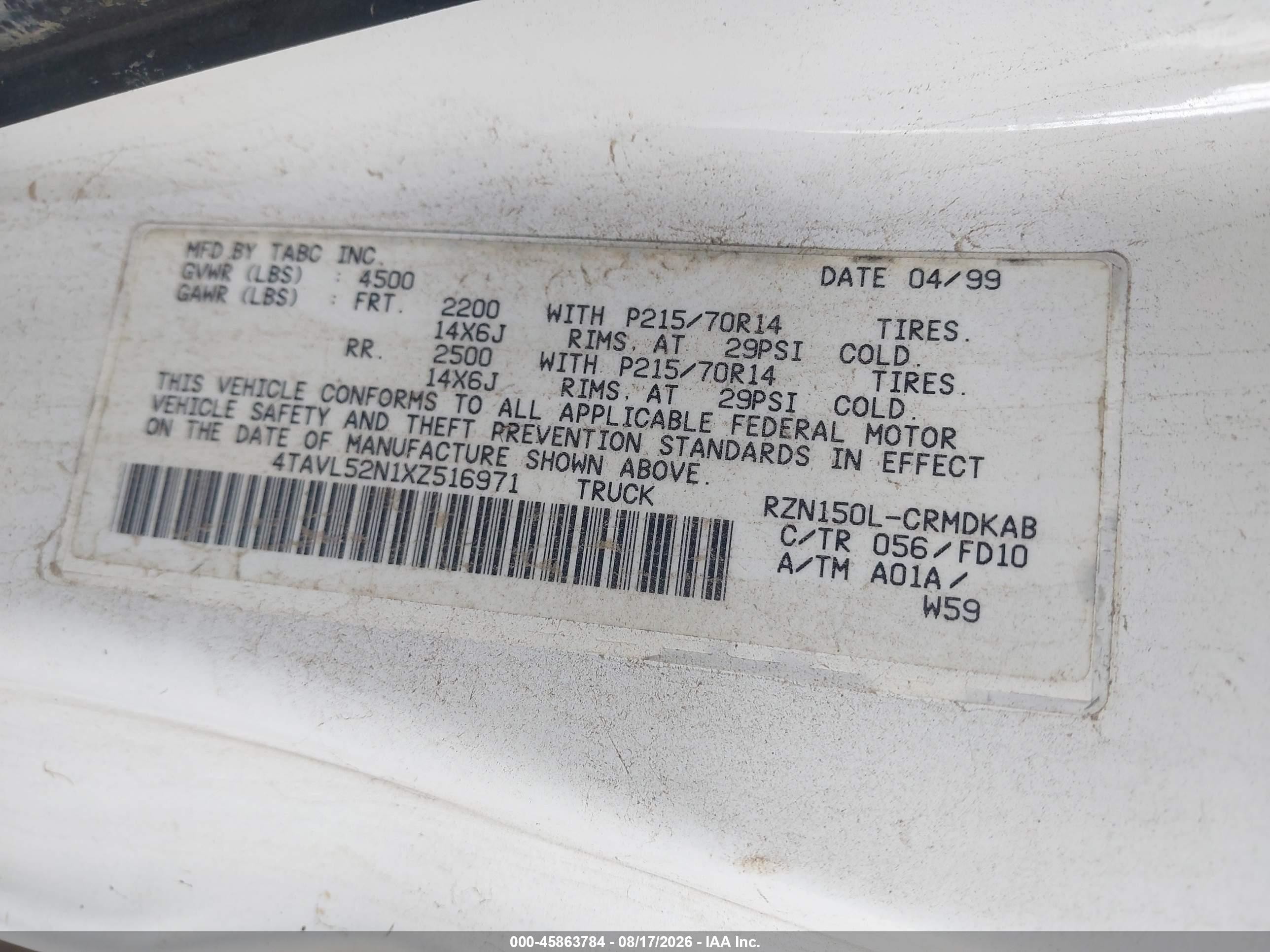 1999 Toyota Tacoma White vin: 4TAVL52N1XZ516971
