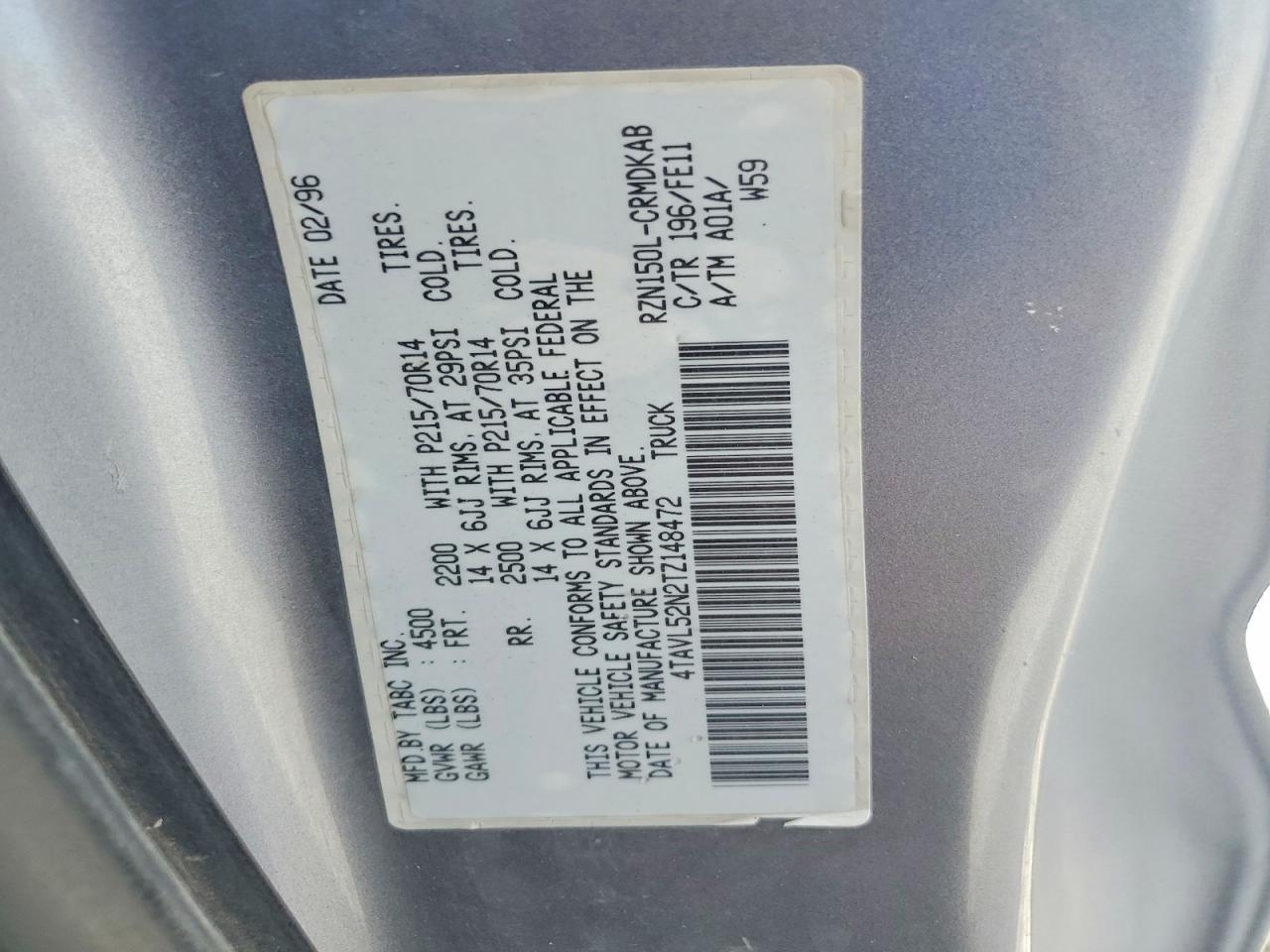 1996 Toyota Tacoma Xtracab White vin: 4TAVL52N2TZ148472