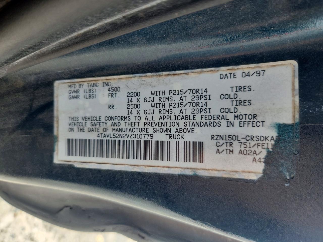 1997 Toyota Tacoma Xtracab Угольный vin: 4TAVL52N2VZ310779