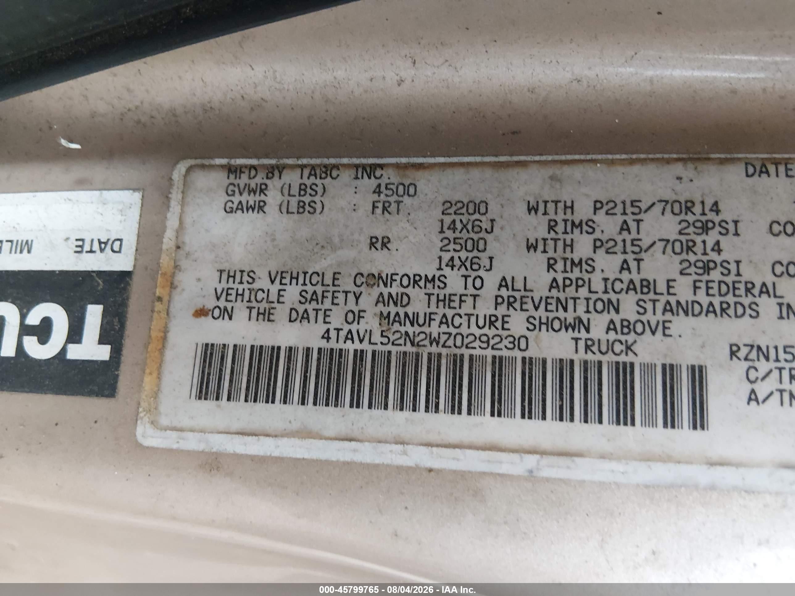 1998 Toyota Tacoma   Gold vin: 4TAVL52N2WZ029230