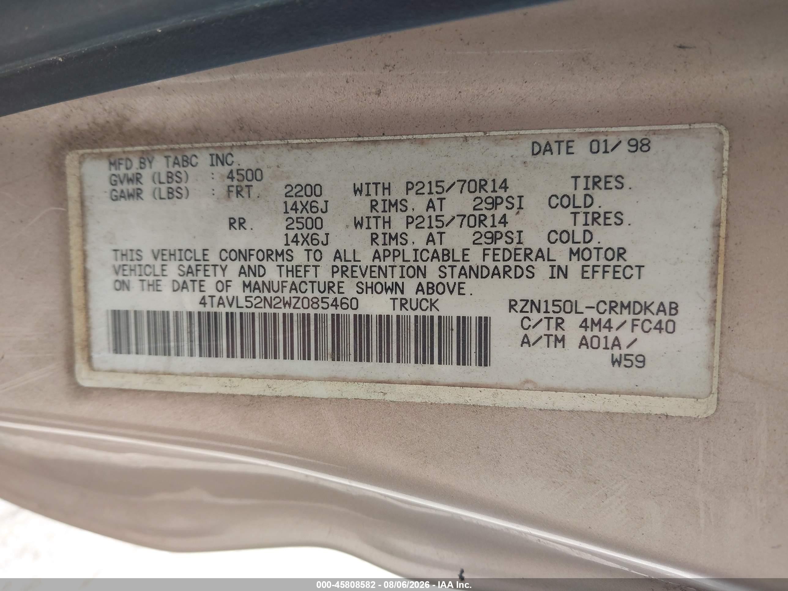 1998 Toyota Tacoma Xtracab Tan vin: 4TAVL52N2WZ085460