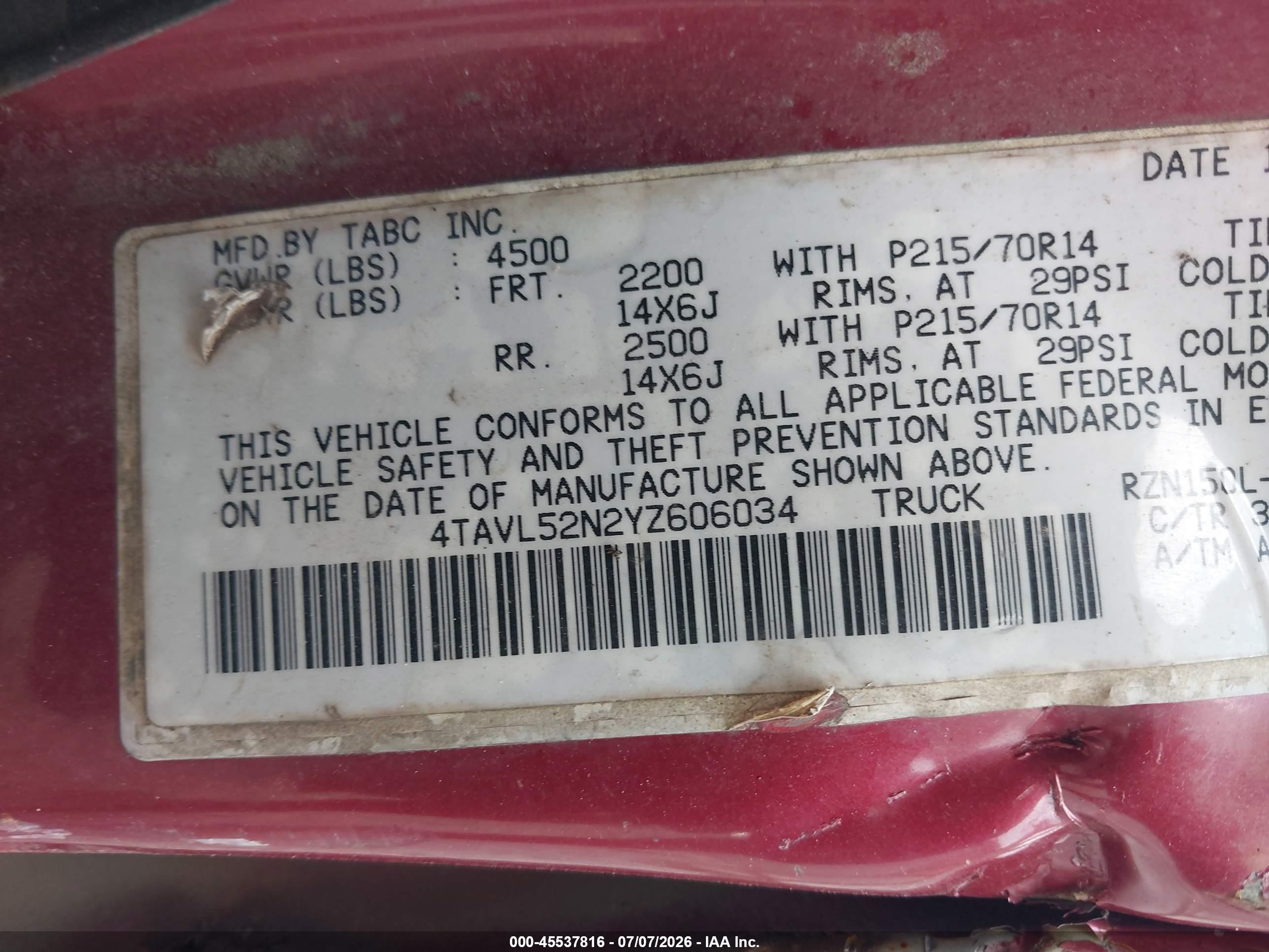 2000 Toyota Tacoma   Red vin: 4TAVL52N2YZ606034