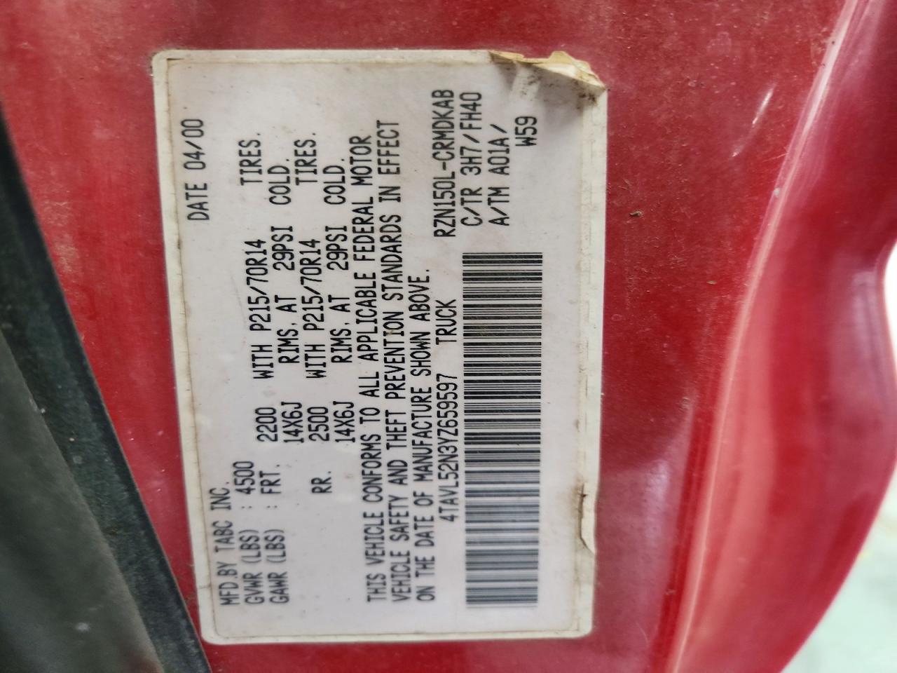 2000 Toyota Tacoma Base Red vin: 4TAVL52N3YZ659597