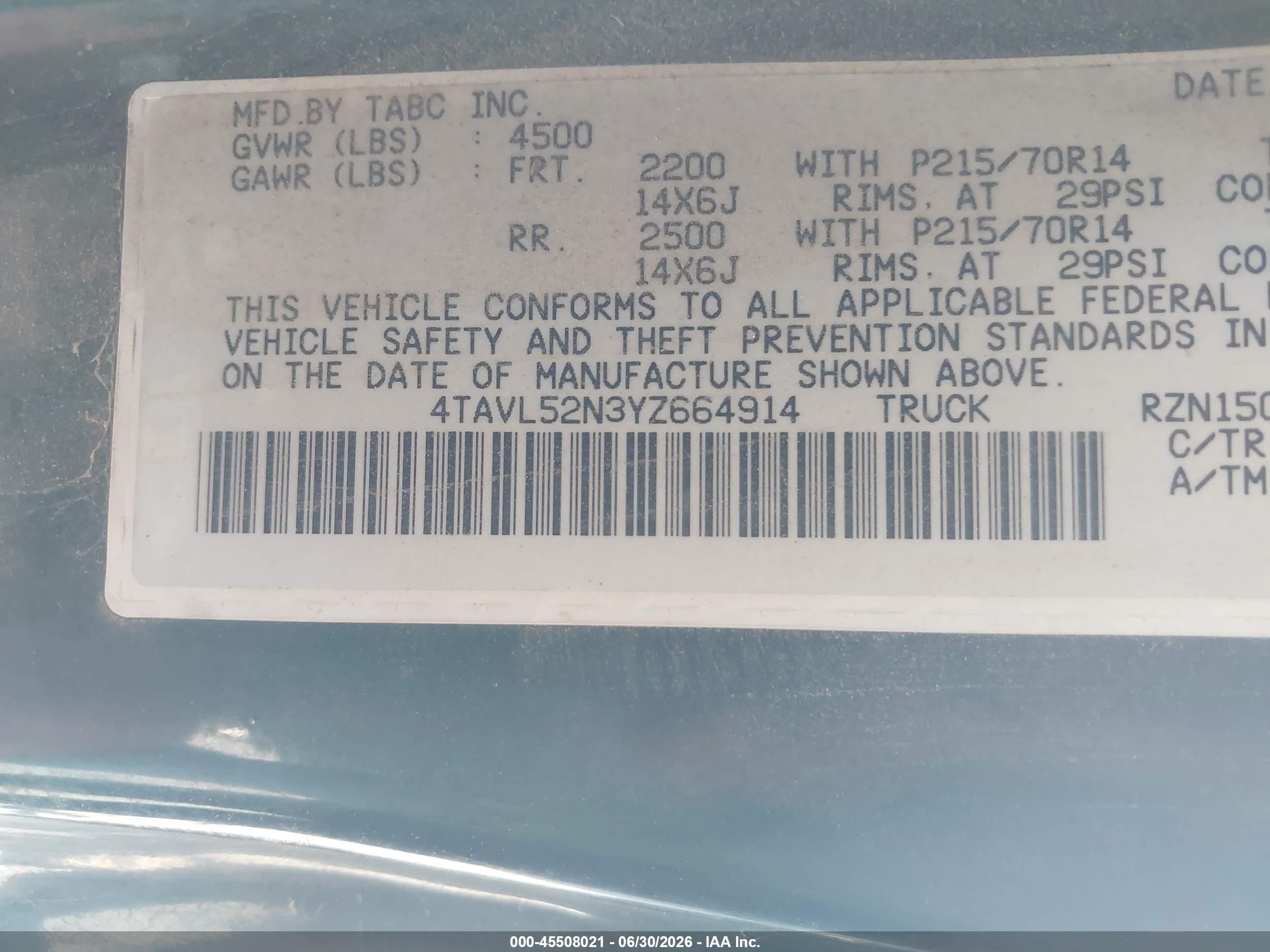 2000 Toyota Tacoma   Green vin: 4TAVL52N3YZ664914