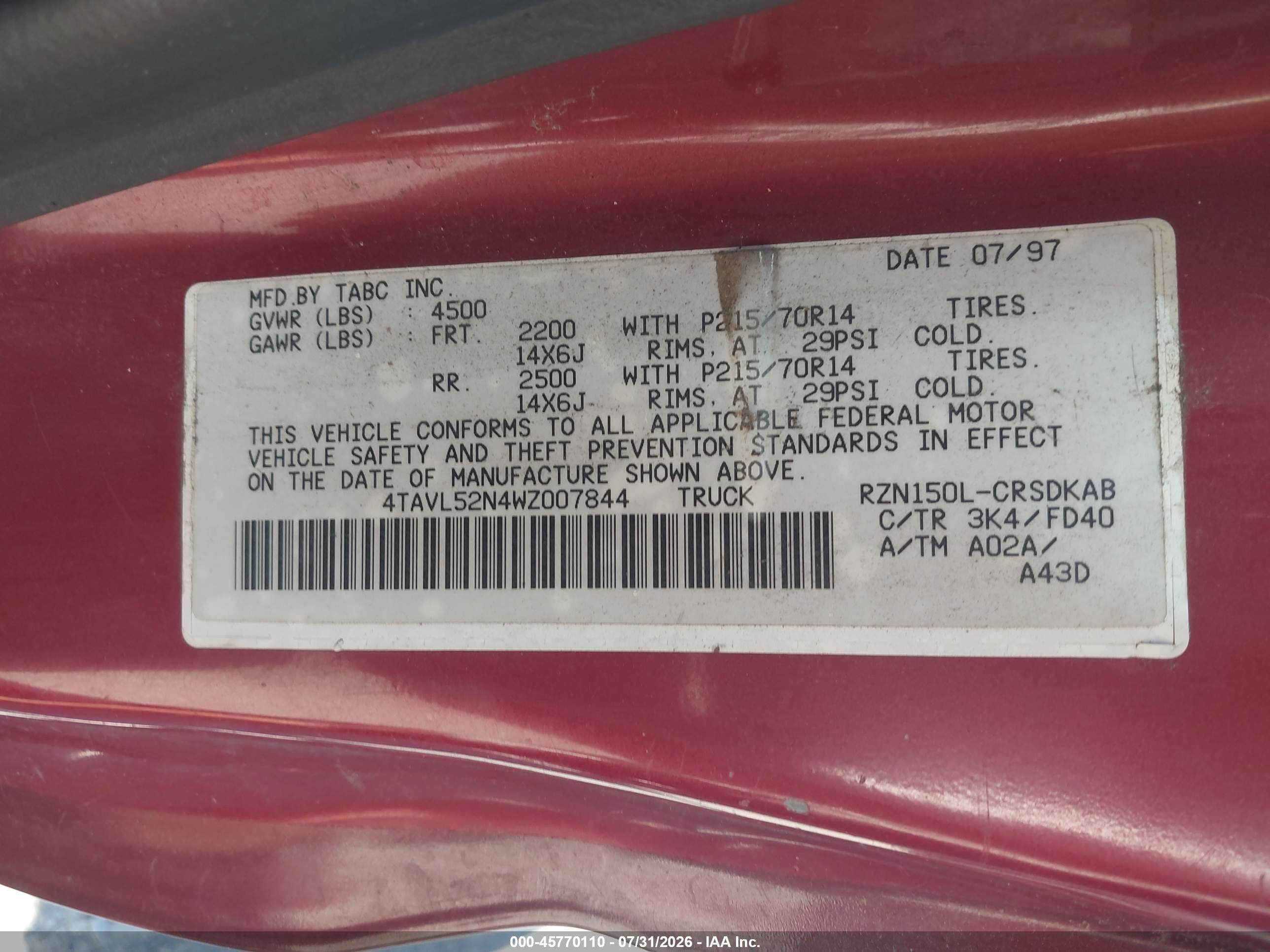 1998 Toyota Tacoma   Burgundy vin: 4TAVL52N4WZ007844