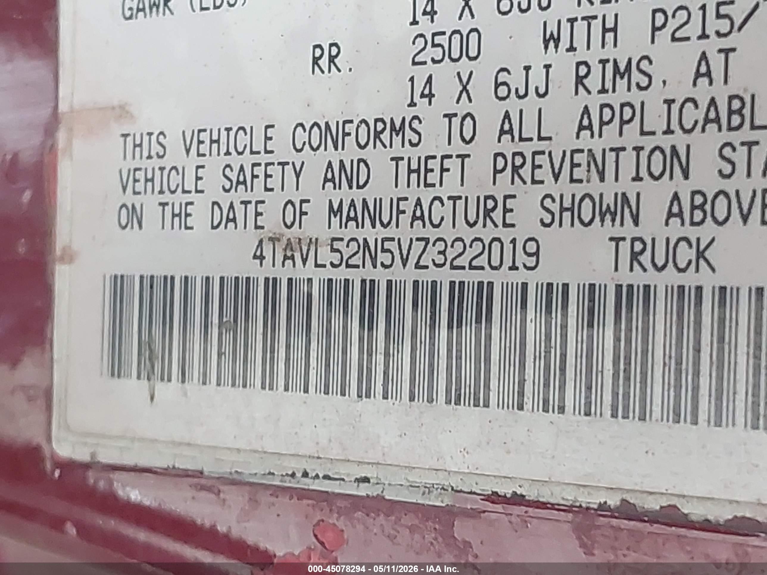 1997 Toyota Tacoma   Burgundy vin: 4TAVL52N5VZ322019