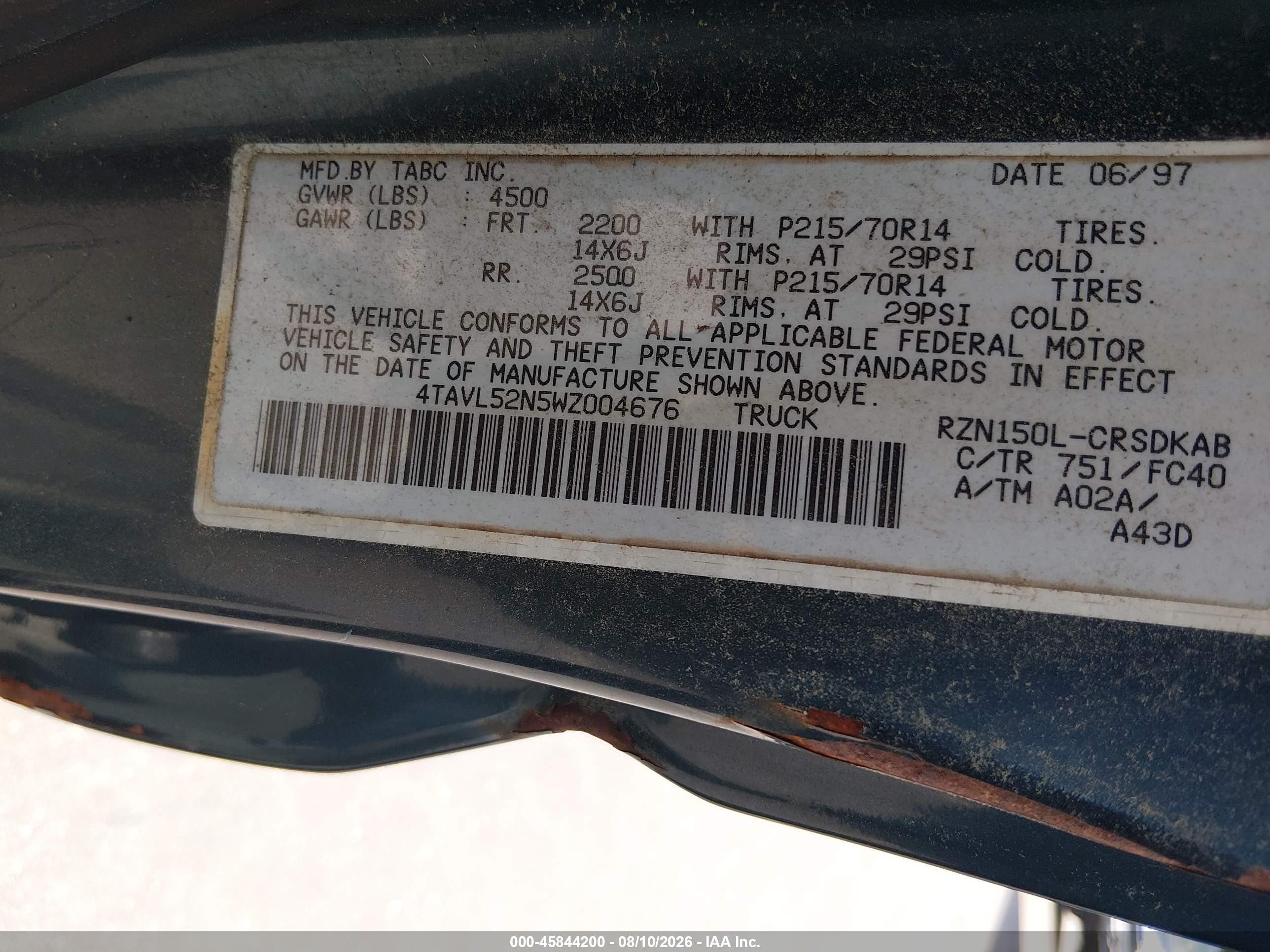 1998 Toyota Tacoma   Зеленый vin: 4TAVL52N5WZ004676