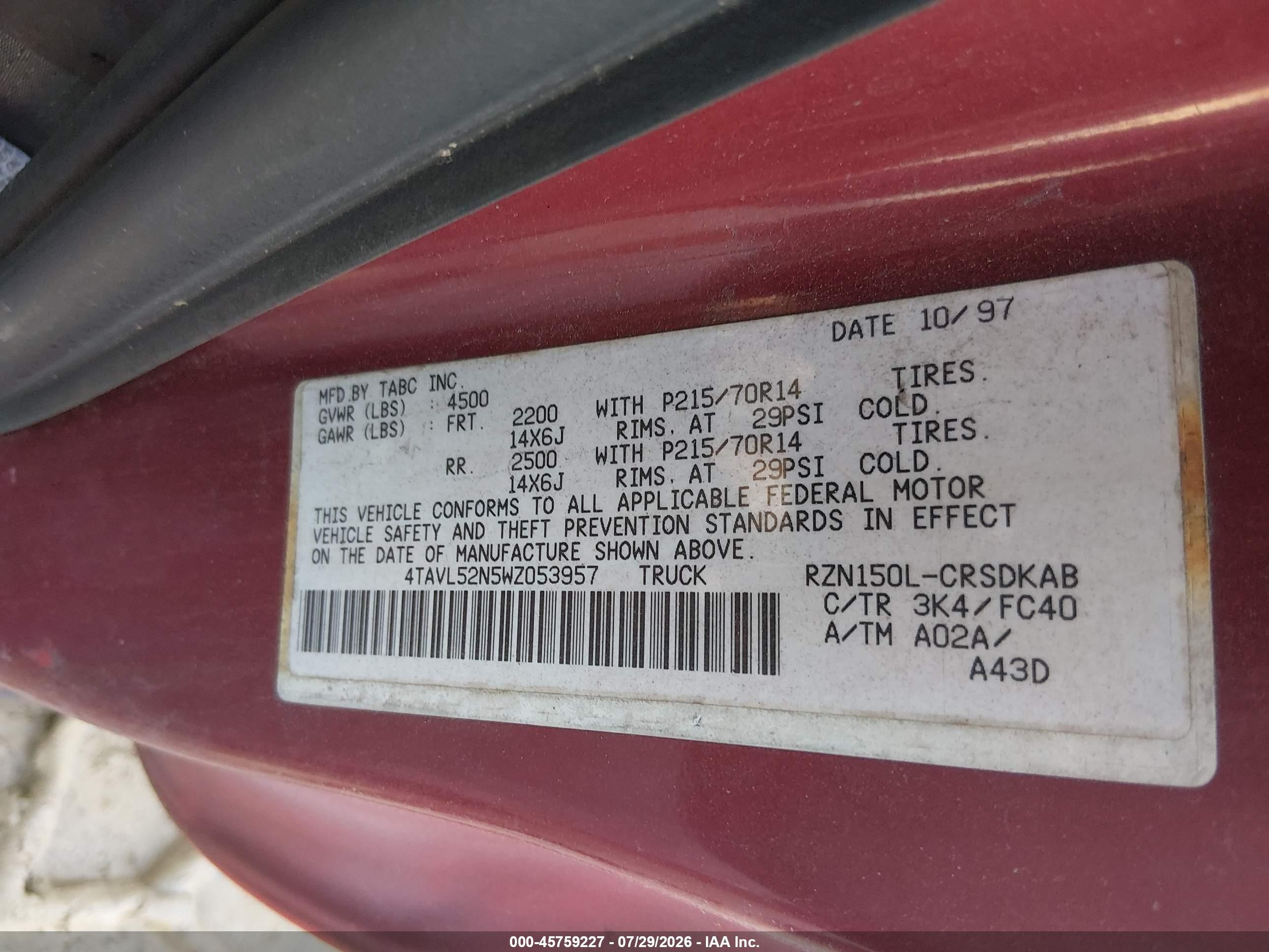 1998 Toyota Tacoma   Красный vin: 4TAVL52N5WZ053957