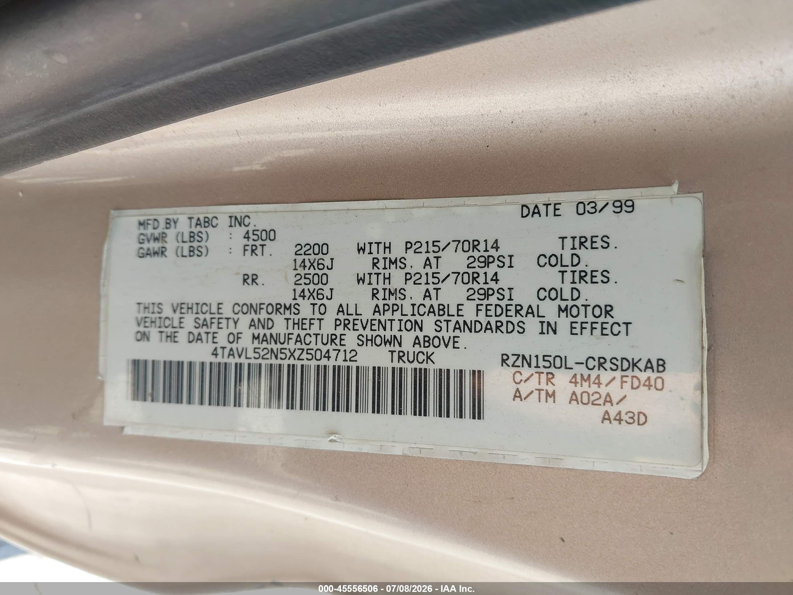 1999 Toyota Tacoma   Gold vin: 4TAVL52N5XZ504712