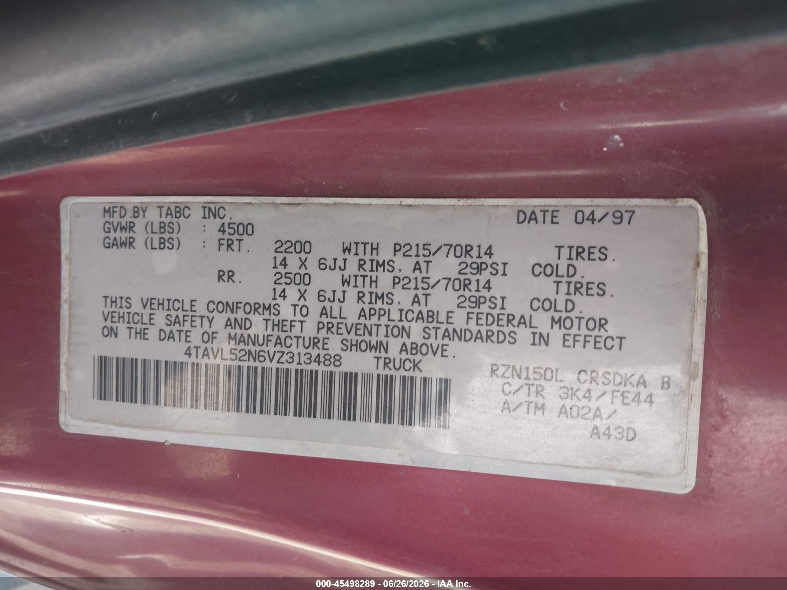 1997 Toyota Tacoma   Red vin: 4TAVL52N6VZ313488