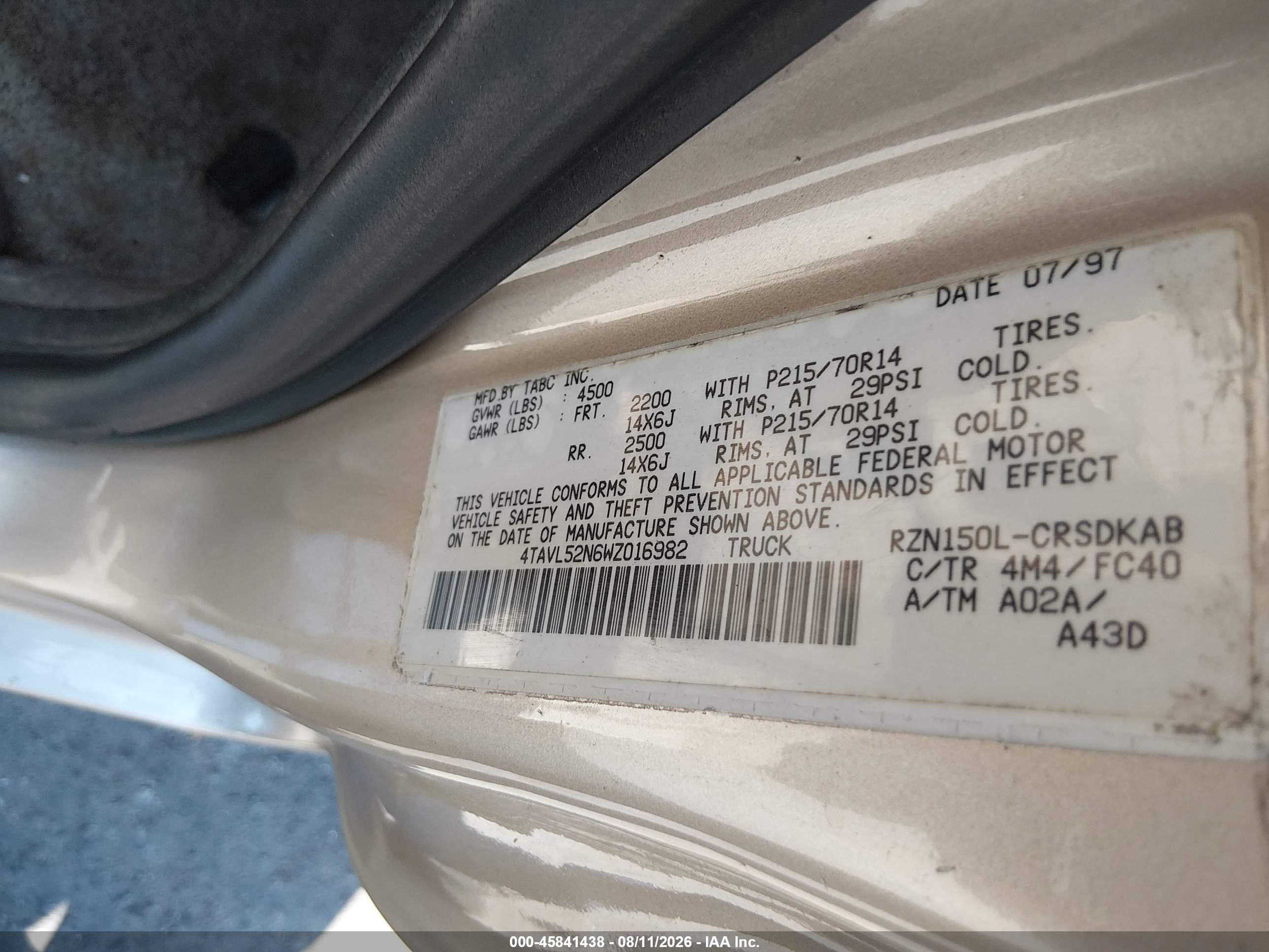 1998 Toyota Tacoma   Бежевый vin: 4TAVL52N6WZ016982