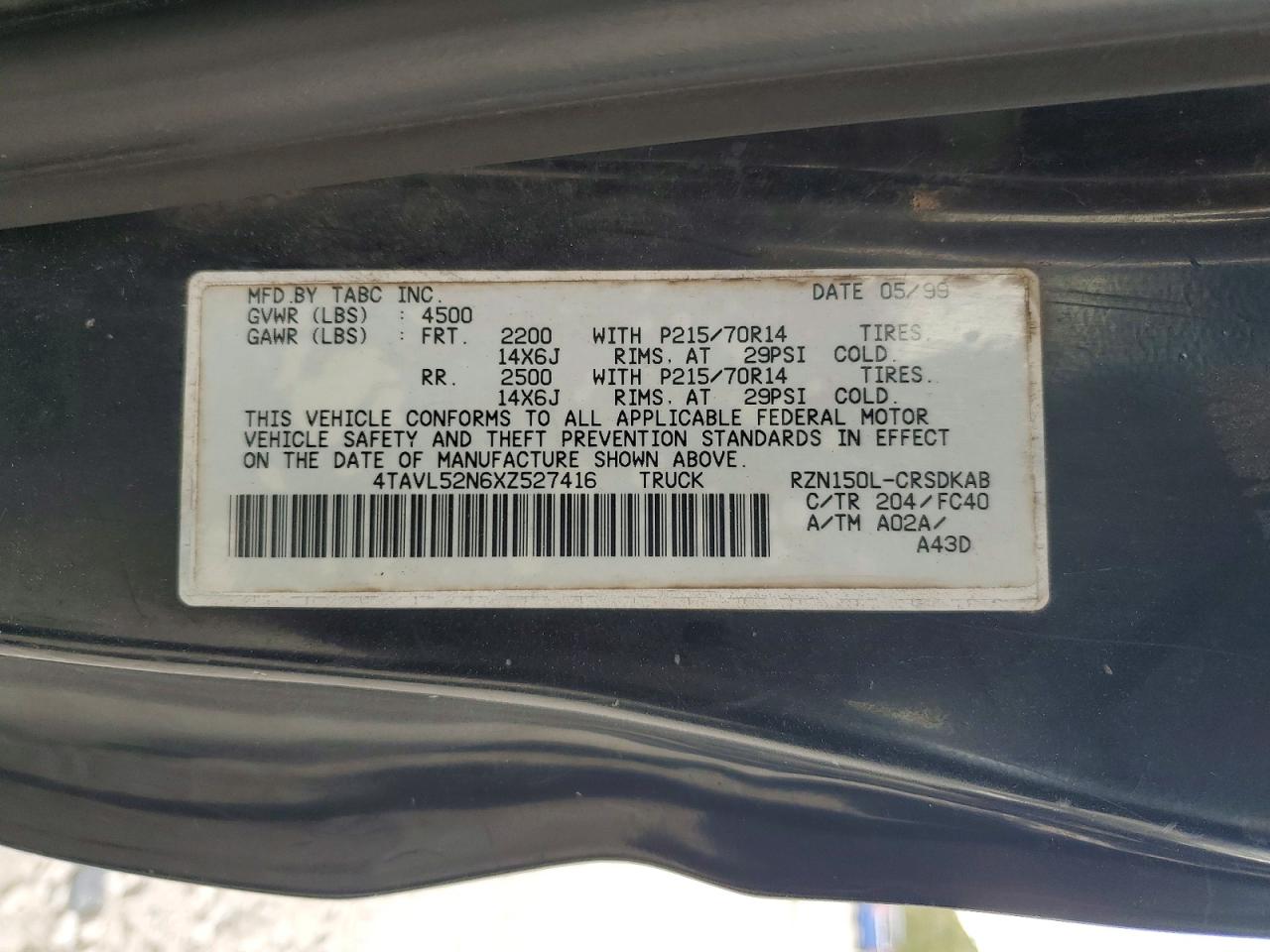 1999 Toyota Tacoma Base Black vin: 4TAVL52N6XZ527416