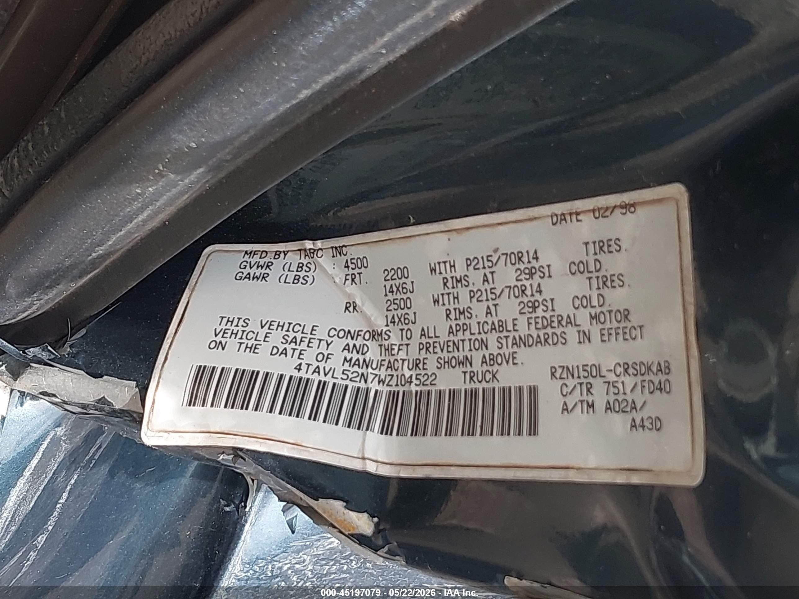 1998 Toyota Tacoma   Green vin: 4TAVL52N7WZ104522