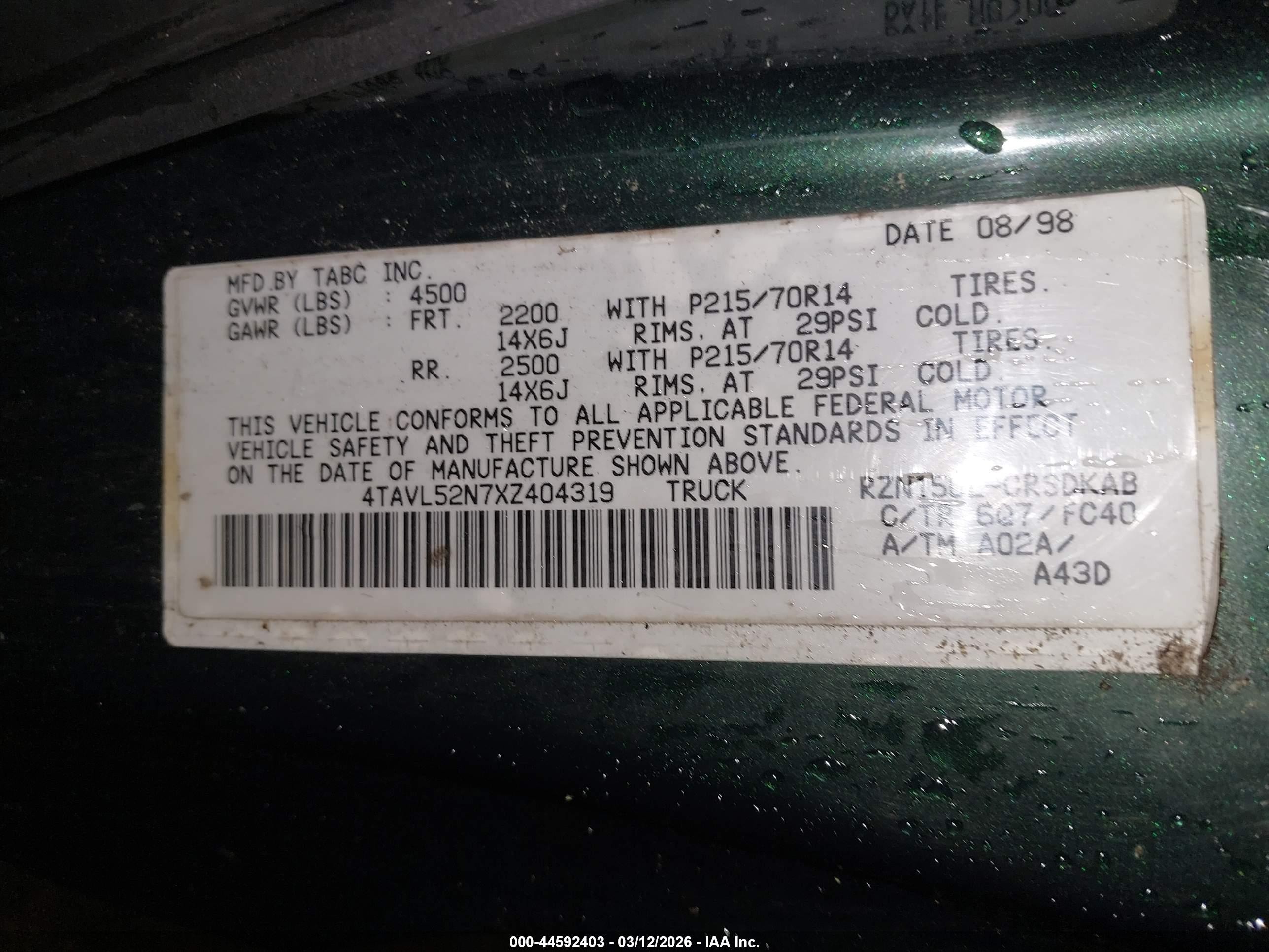 1999 Toyota Tacoma   Green vin: 4TAVL52N7XZ404319