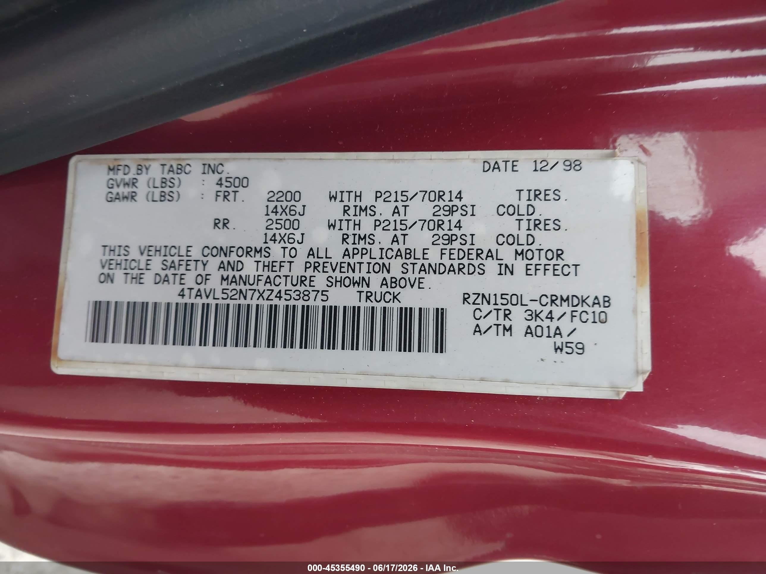 1999 Toyota Tacoma   Red vin: 4TAVL52N7XZ453875