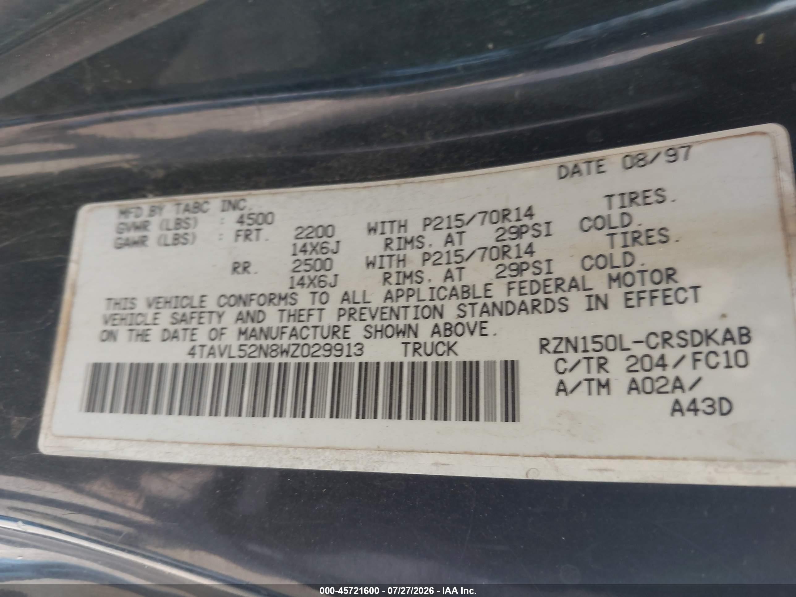 1998 Toyota Tacoma   Черный vin: 4TAVL52N8WZ029913