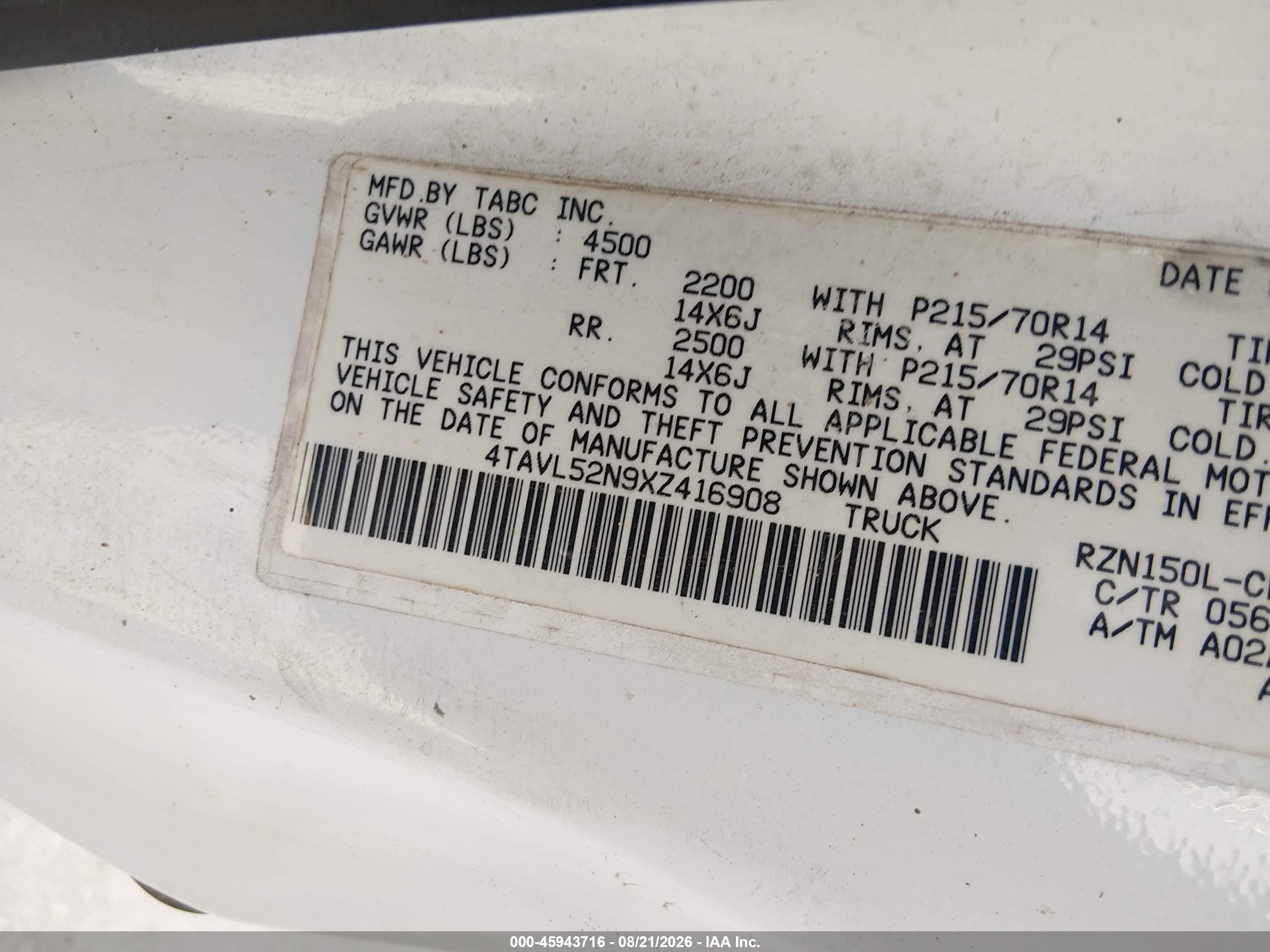 1999 Toyota Tacoma   White vin: 4TAVL52N9XZ416908
