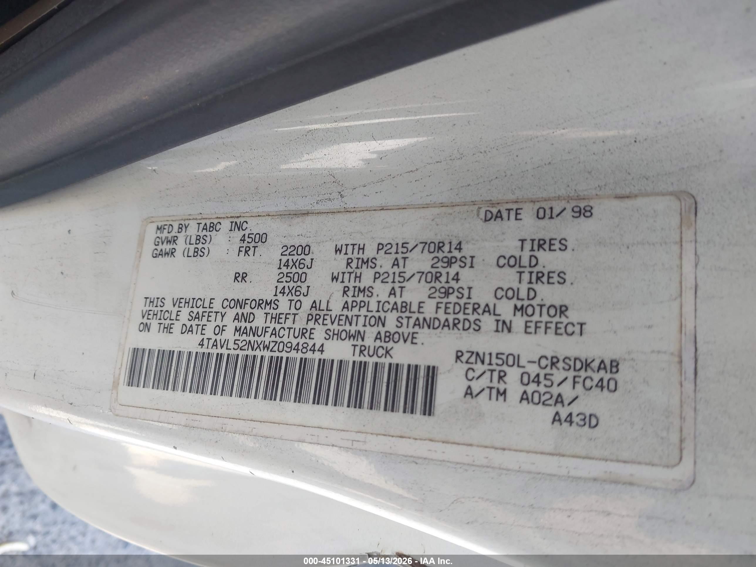 1998 Toyota Tacoma   White vin: 4TAVL52NXWZ094844