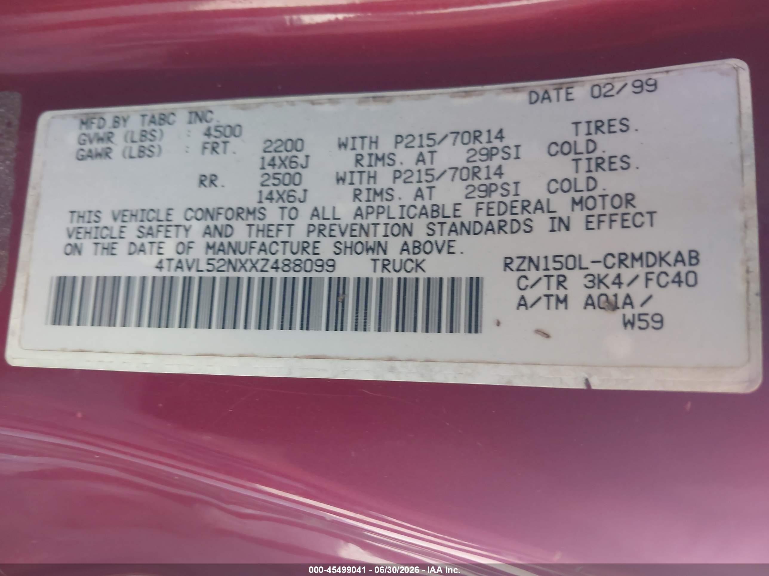 1999 Toyota Tacoma   Red vin: 4TAVL52NXXZ488099