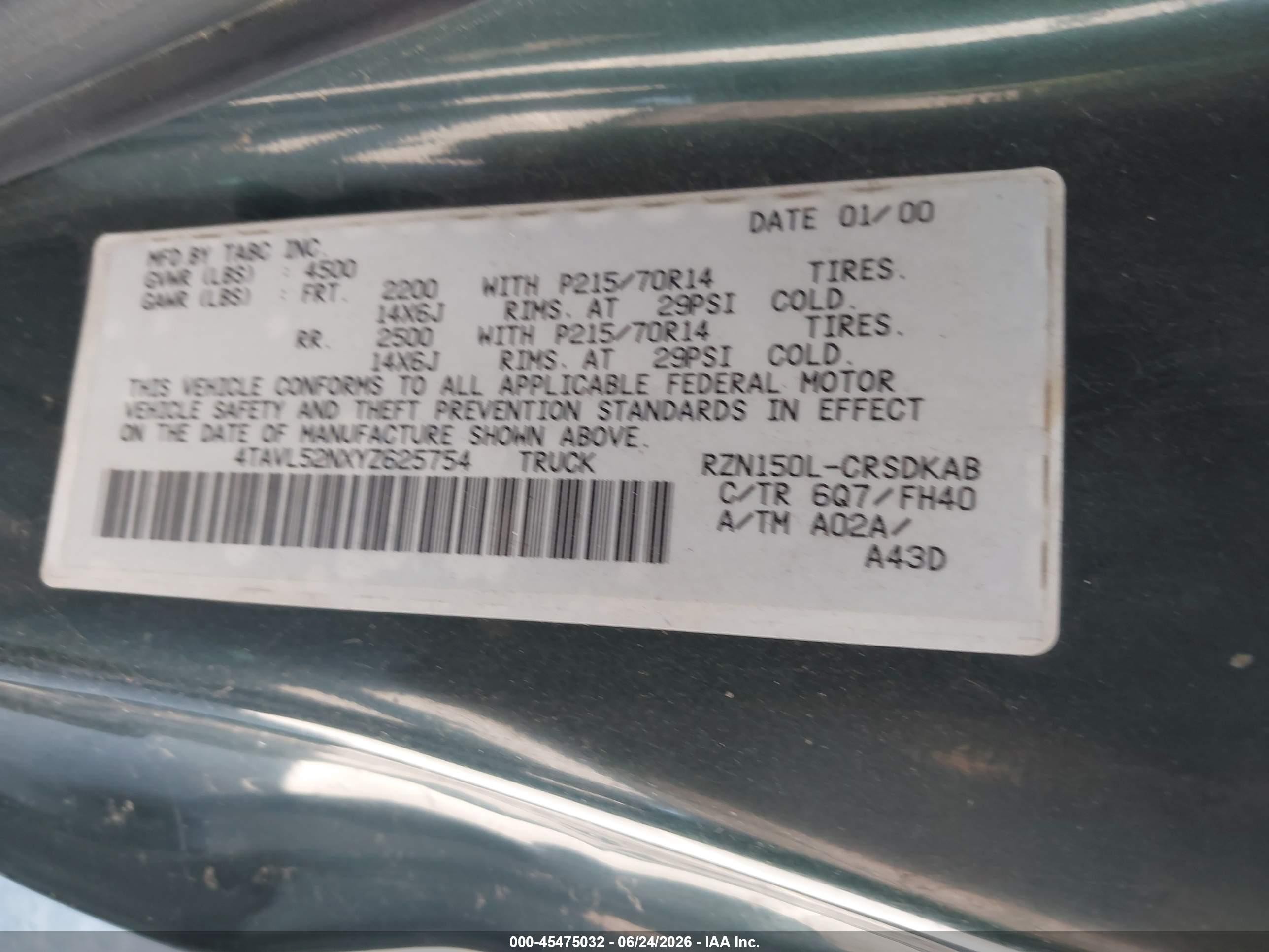 2000 Toyota Tacoma   Green vin: 4TAVL52NXYZ625754