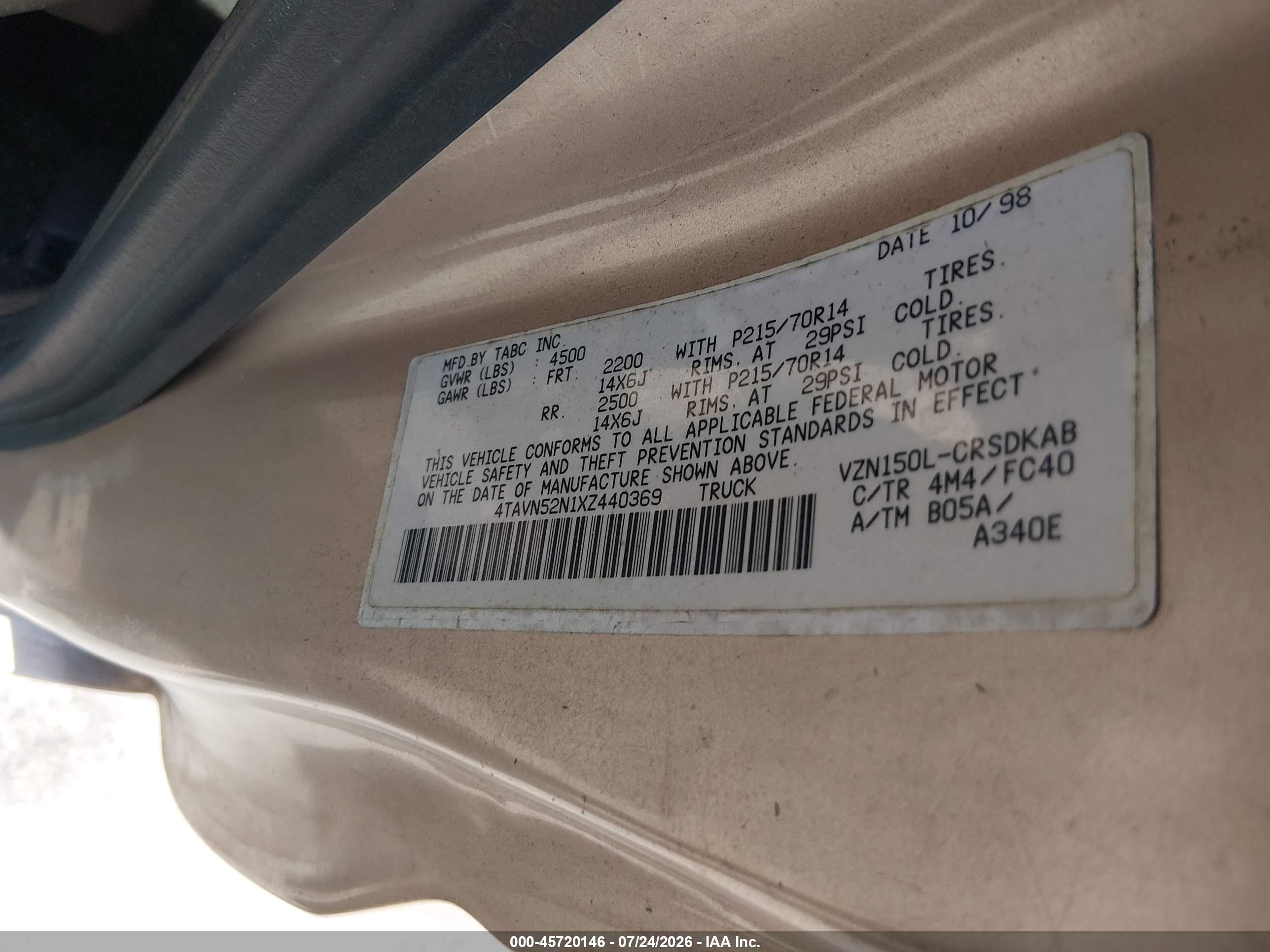 1999 Toyota Tacoma Base V6 Beige vin: 4TAVN52N1XZ440369