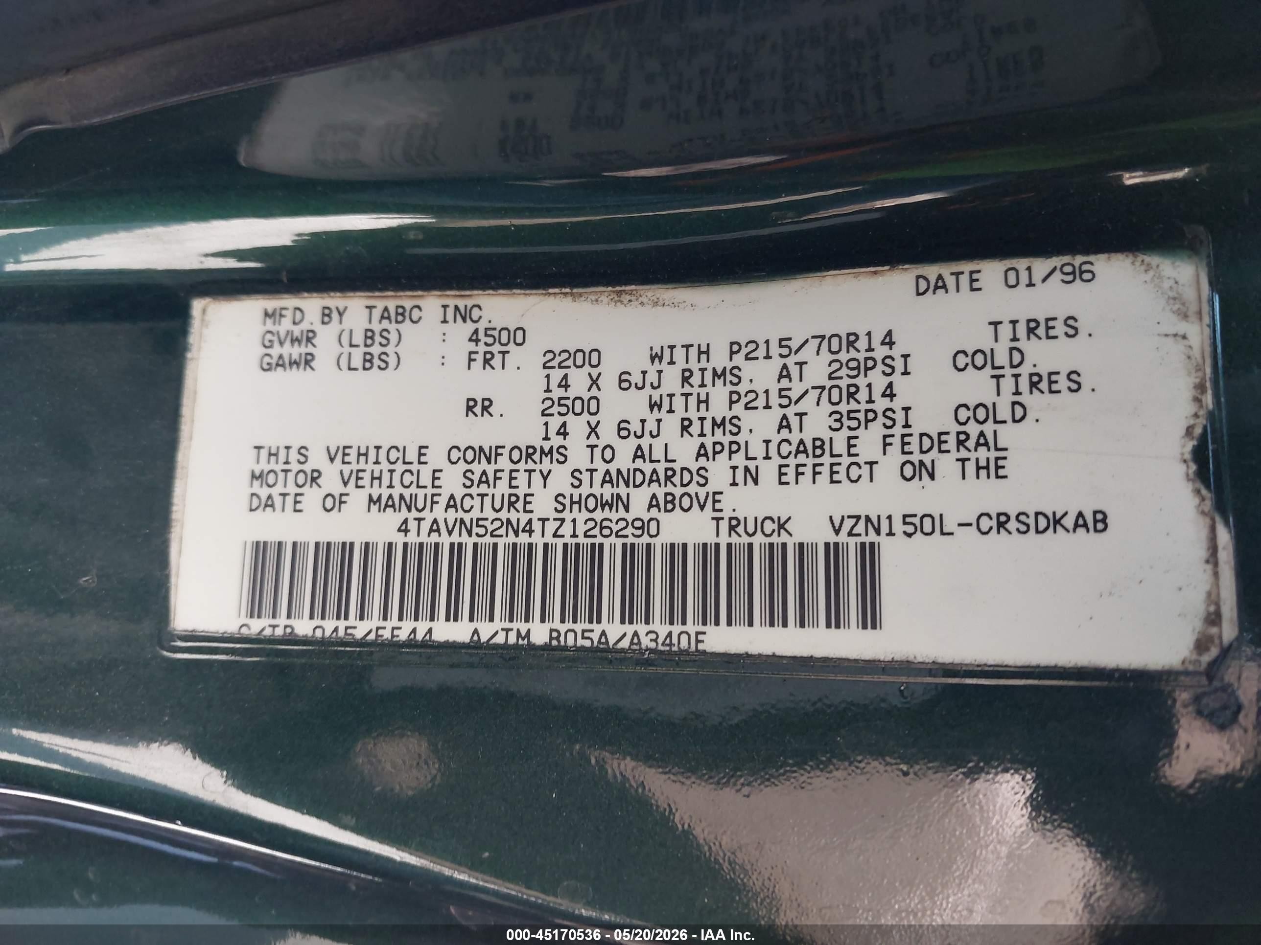 1996 Toyota Tacoma Xtracab Green vin: 4TAVN52N4TZ126290