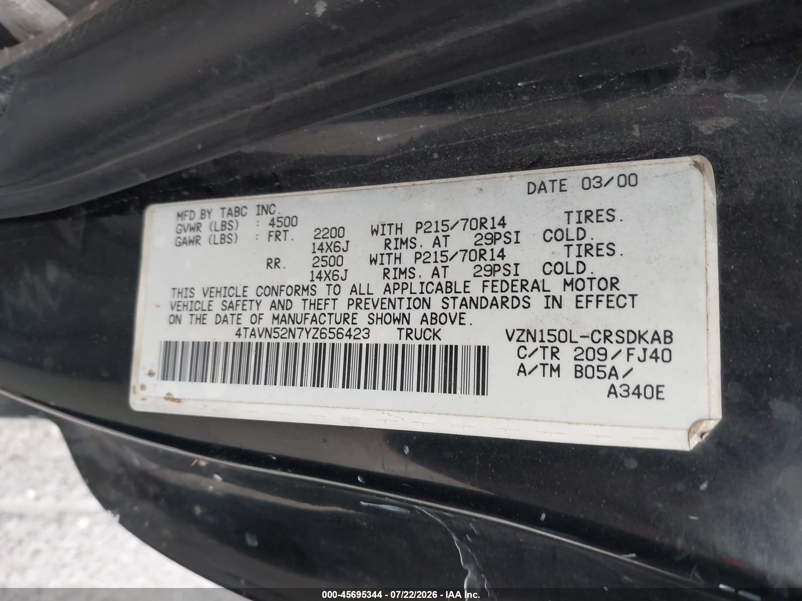 2000 Toyota Tacoma Base V6 Black vin: 4TAVN52N7YZ656423
