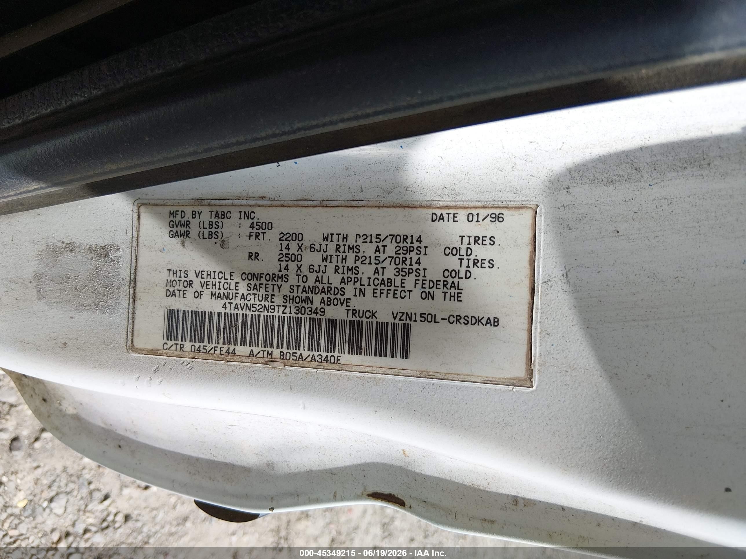 1996 Toyota Tacoma Xtracab White vin: 4TAVN52N9TZ130349