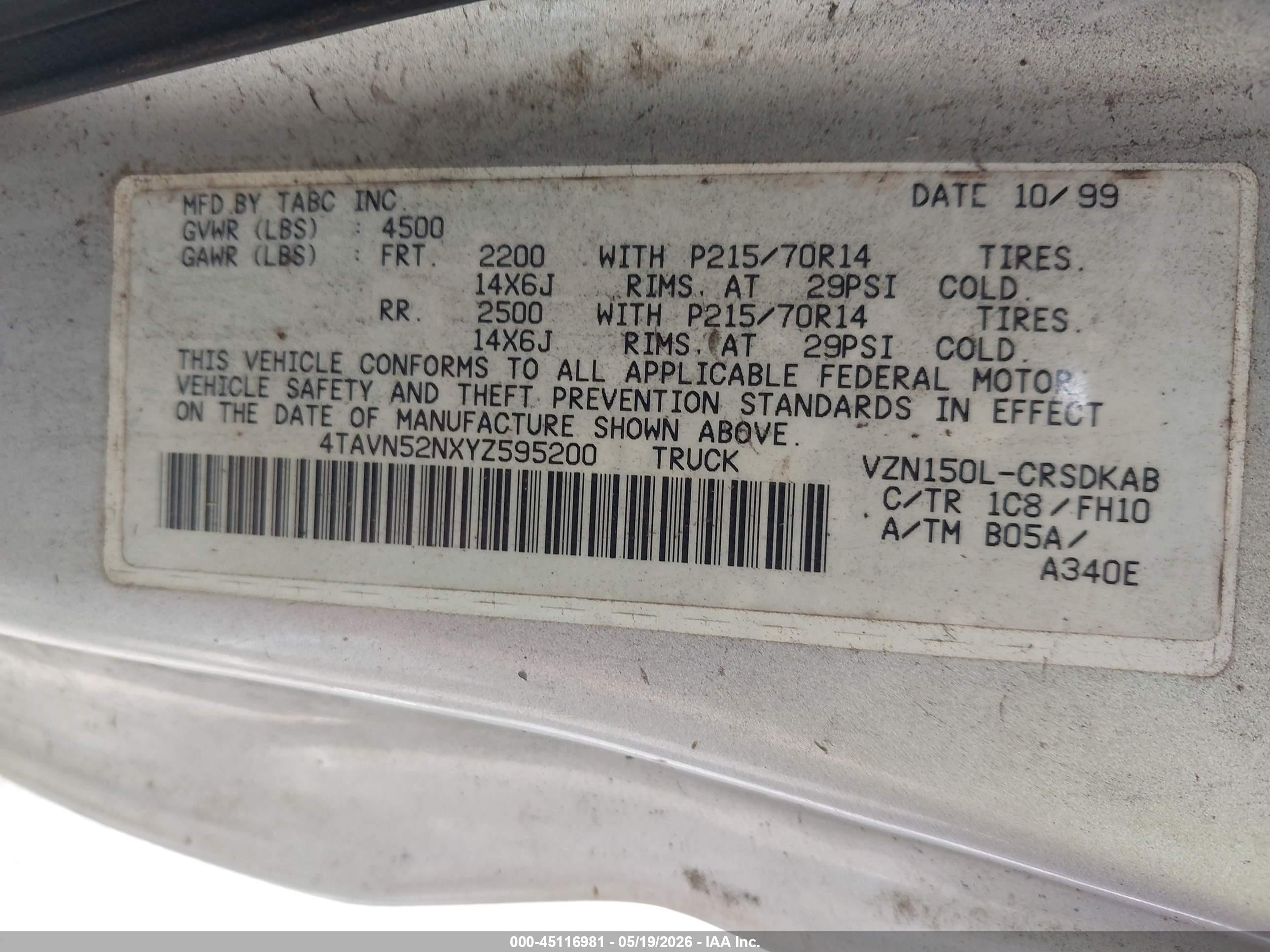 2000 Toyota Tacoma Base V6 Gray vin: 4TAVN52NXYZ595200