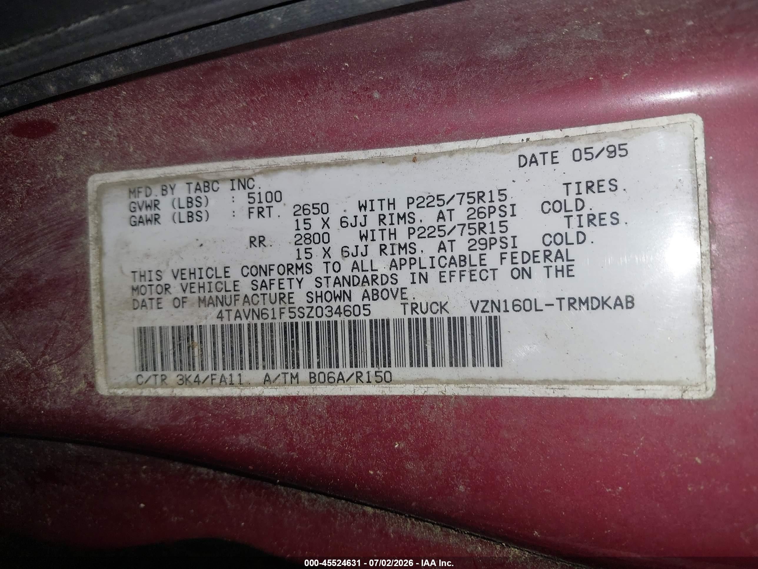 1995 Toyota Tacoma   Red vin: 4TAVN61F5SZ034605