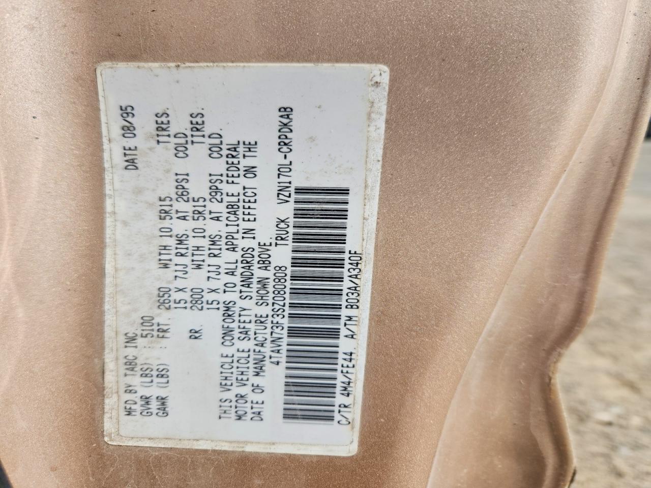 1995 Toyota Tacoma Xtracab Beige vin: 4TAVN73F3SZ080808