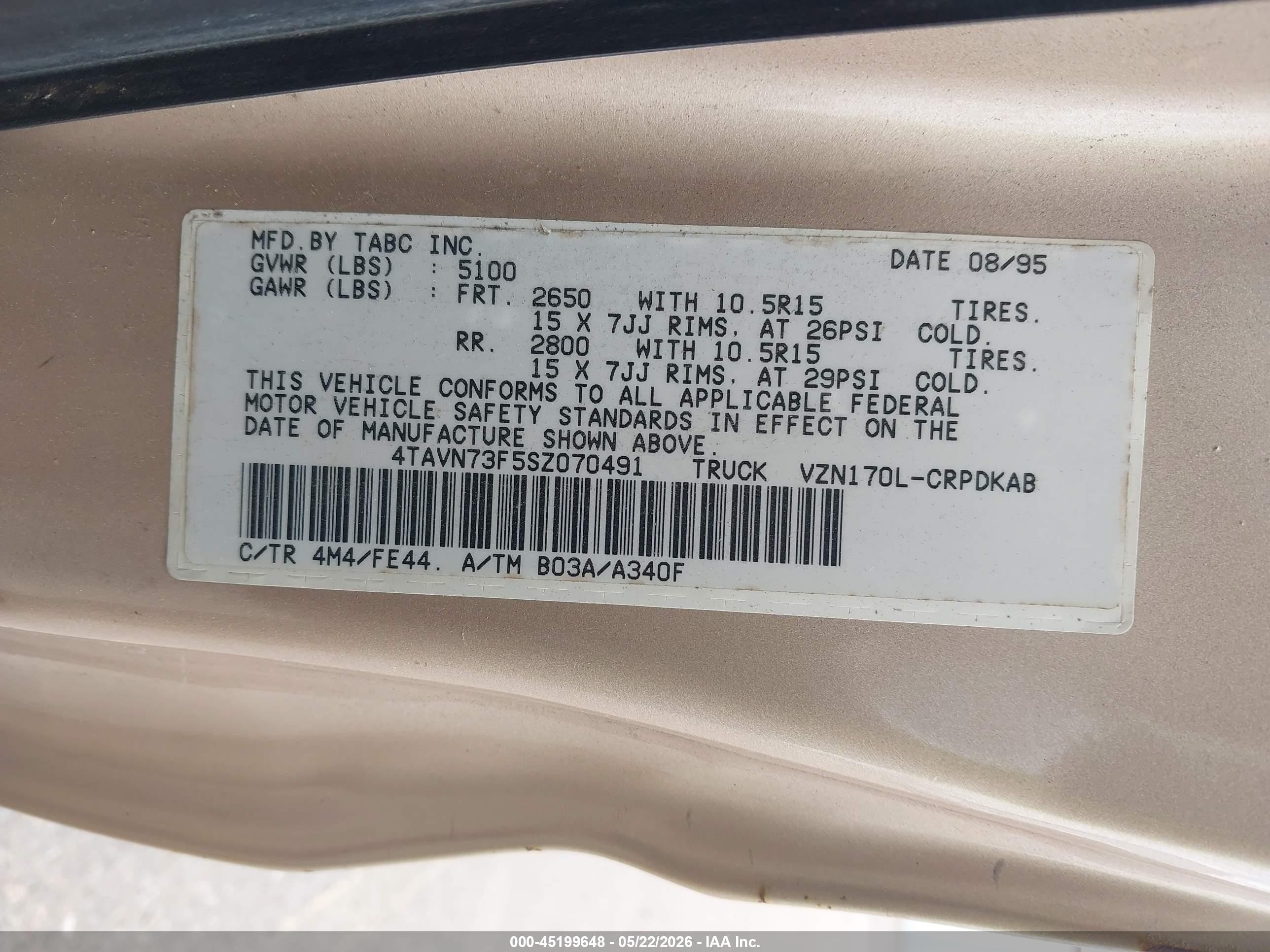 1995 Toyota Tacoma Xtracab Tan vin: 4TAVN73F5SZ070491